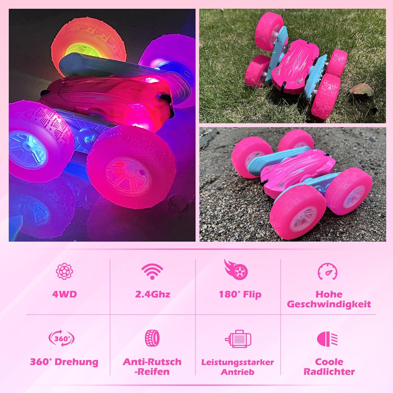 Detalle 2 de Rodzon Ferngesteuertes Auto Crawler 4WD Rosa – LED-Licht, 360° Flip, 2x Aufladebatterien