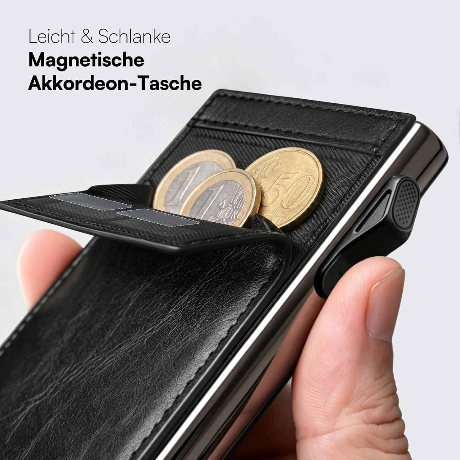 Detalle de YESIIW Minimalistisches Kartenetui mit RFID-Schutz – Pop-up Wallet aus Aluminium & Leder, Slim Wallet für Herren