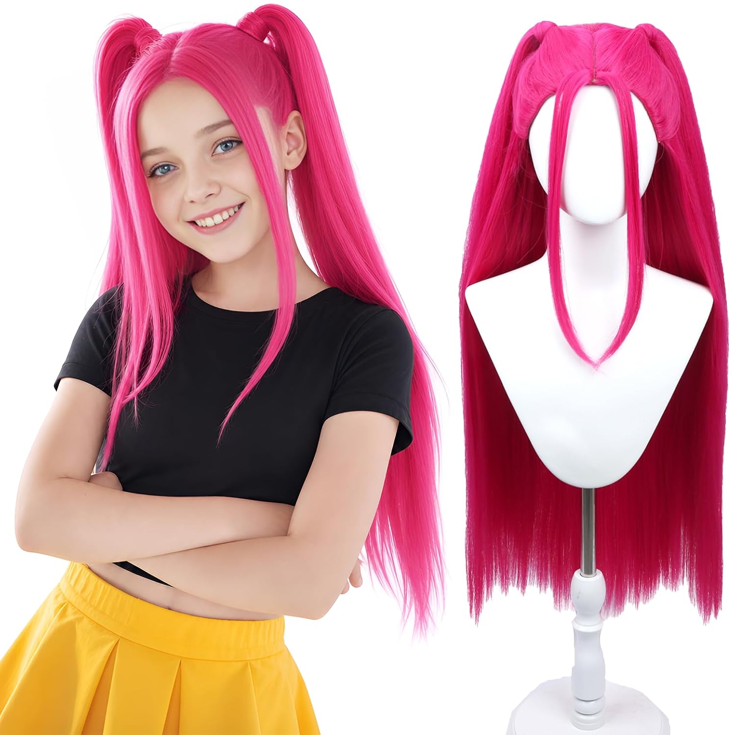 Detalle de WTHCOS Long Hot Pink Wig for Kids, Heat-Resistant Synthetic Fibers