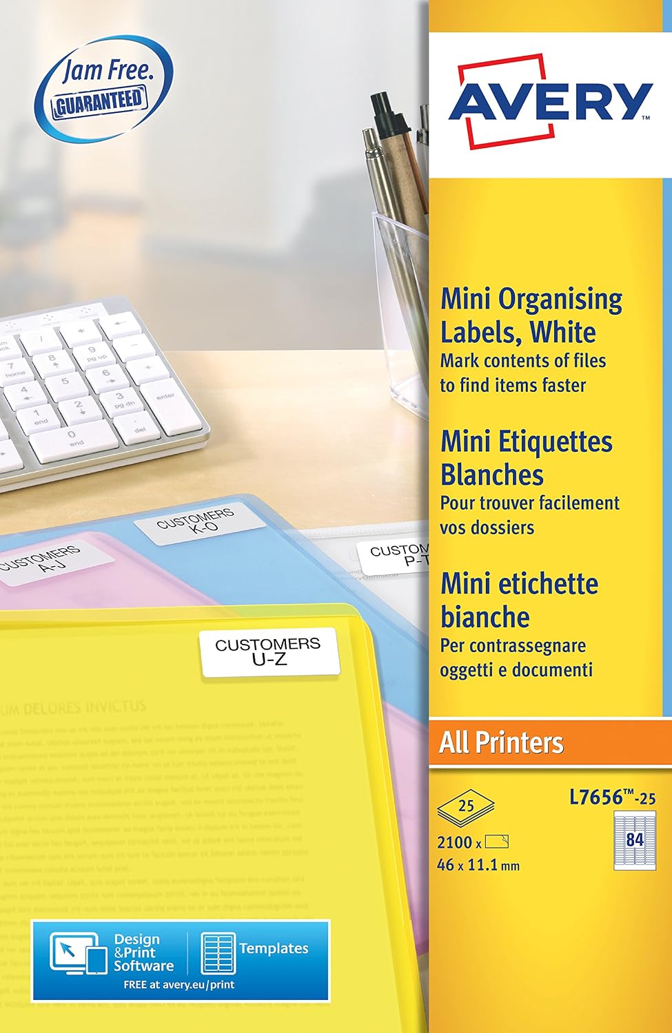 Thumbnail 2 de Avery JamFREE Printable Mini Multipurpose Labels (46 x 11.1 mm) – 84 per sheet, 2100 per pack