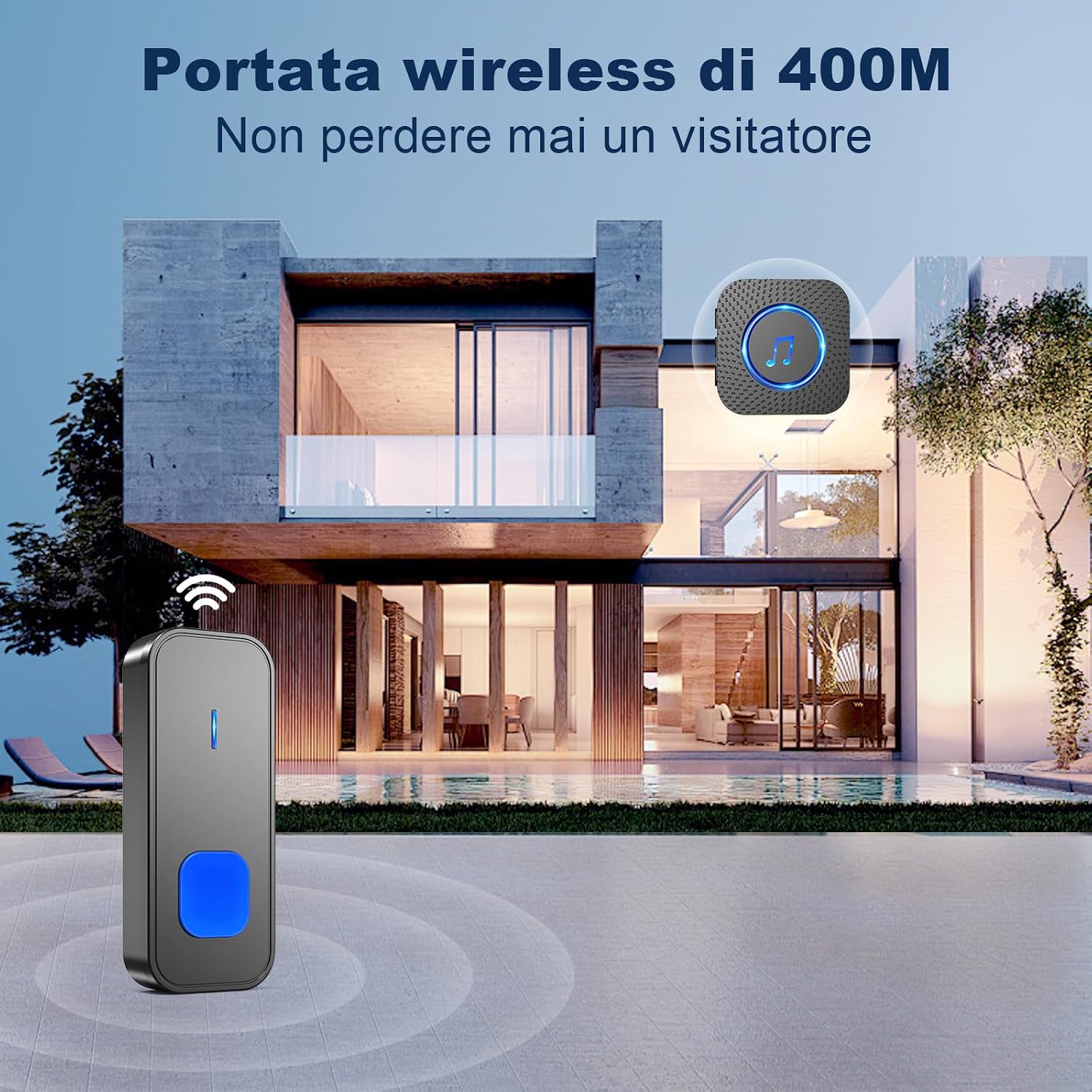 Detalle de SURFOU Campanello Senza Fili da Esterno con Ricevitori Interni: 400 m di Copertura, 55Suonerie e LED