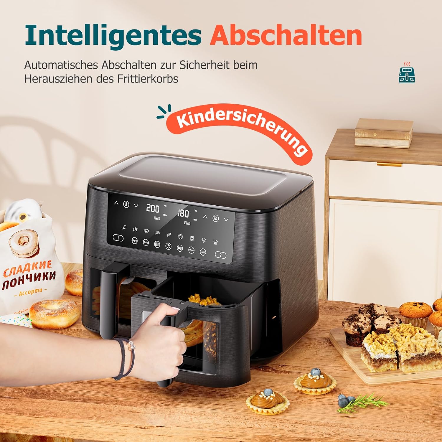 Detalle de Heißluftfritteuse Airfryer mit Sichtfenster 7,2 l – 11-in-1 XXL Air Fryer mit Warmhalten, Vorheizen & Timer
