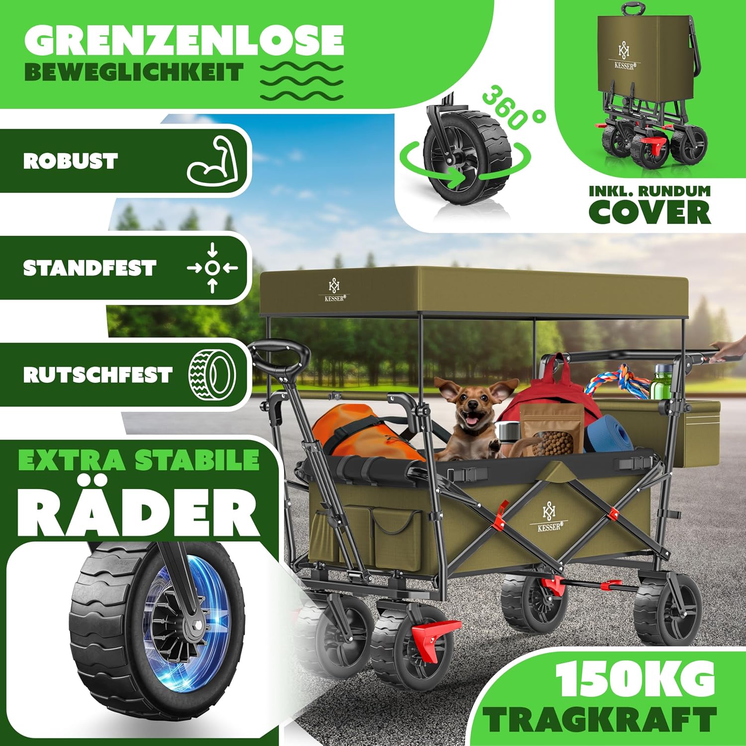 Detalle de KESSER XXL Bollerwagen faltbar mit Dach GT9000 – klappbarer Handwagen bis 150 kg