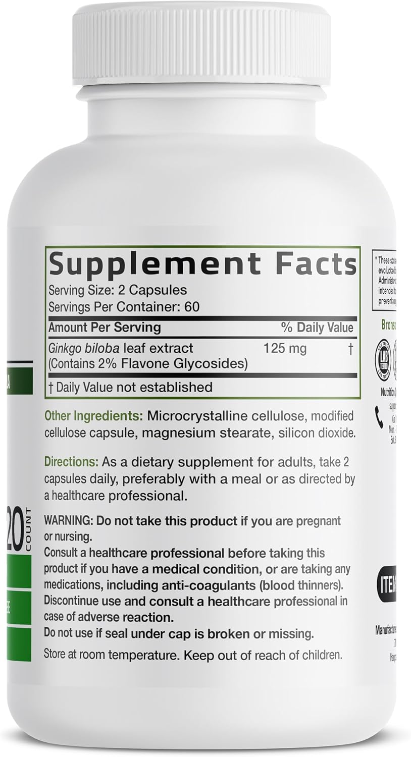Detalle de Bronson Ginkgo Biloba Extra Strength Capsules, 120 Count, Vegetarian