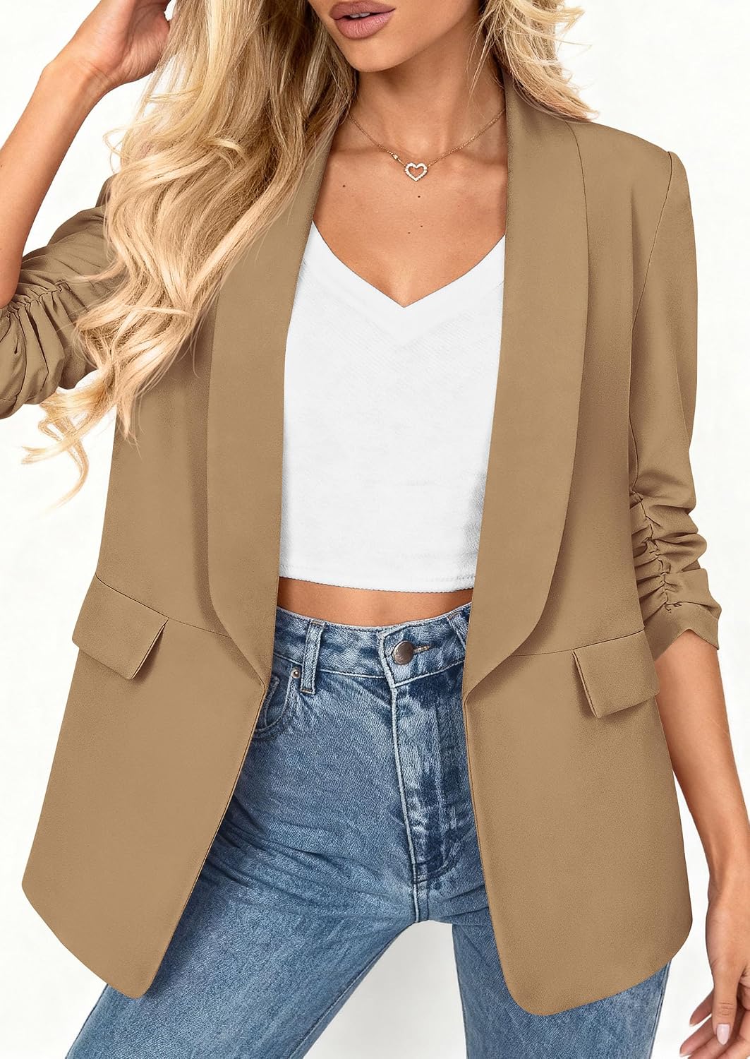 Detalle 1 de PRETTYGARDEN Women's Lightweight Blazer with Ruched 3/4 Sleeves