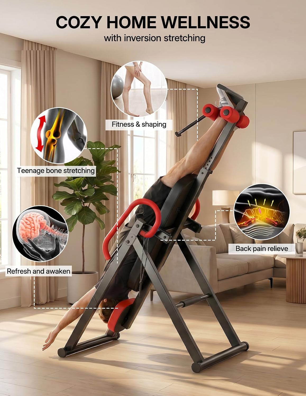 Detalle 2 de YOLEO 2023 Inversion Table with Headrest, Adjustable Lumbar Support & Foldable Frame