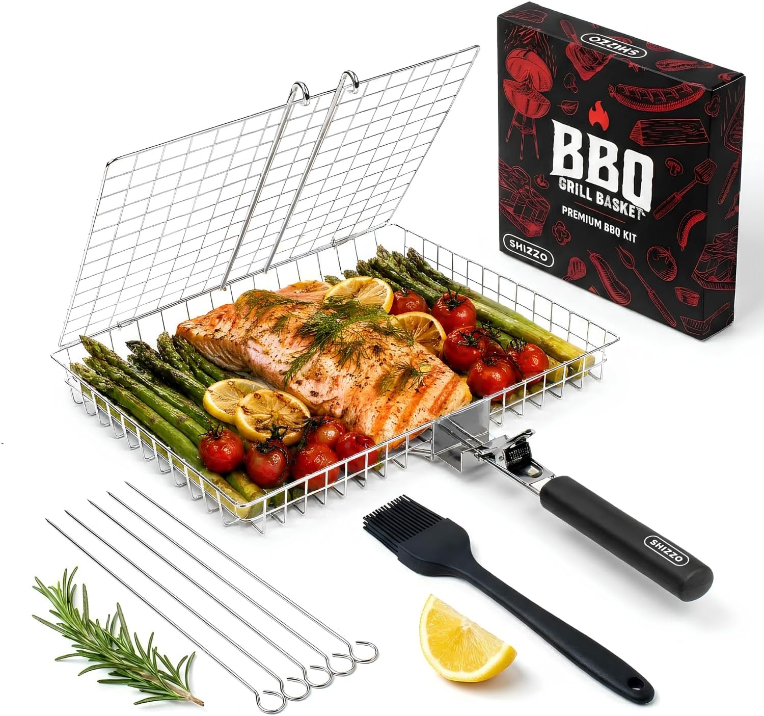 Detalle de Mr. Barbecue Cestello Griglia in Acciaio Inox Pieghevole con Spazzola e Guanto Resistante al Calore – Set Portatile per Campeggio e BBQ all’Aperto