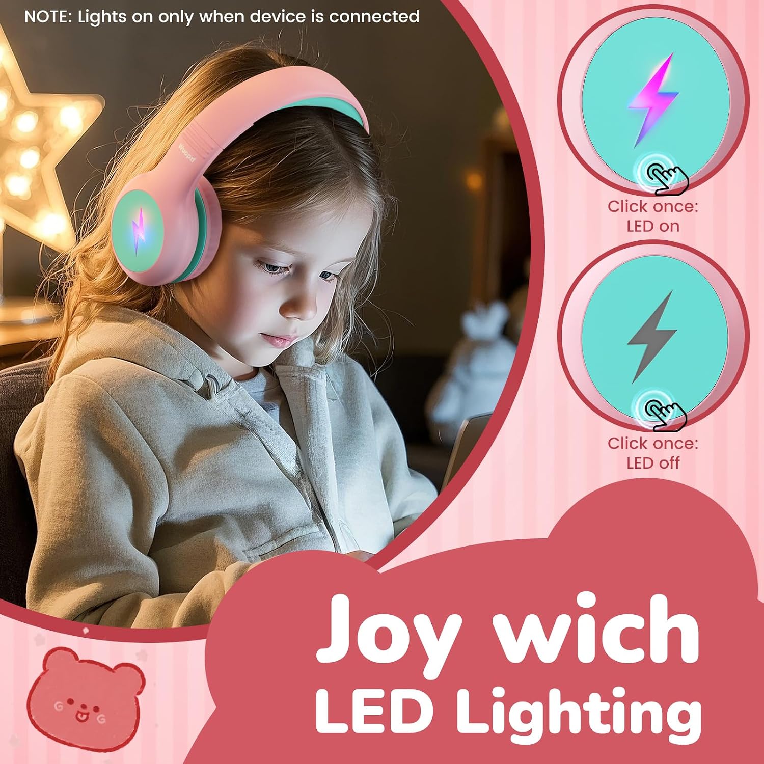 Detalle de Wuopzf Kids USB-C Over-Ear Headphones with Volume Limiter, Mic & LED Lights (Pink) – Foldable School Set