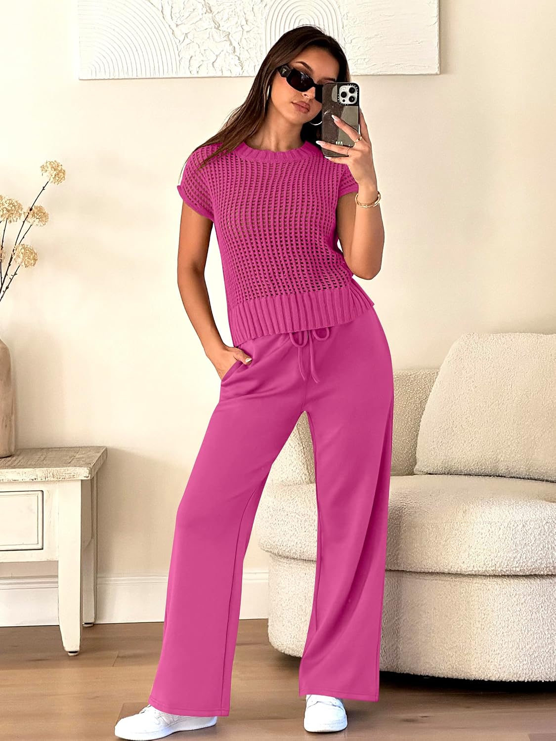 Detalle de ANRABESS Women Two Piece Crochet Knit Set: Sheer Top and Wide-Leg Pants