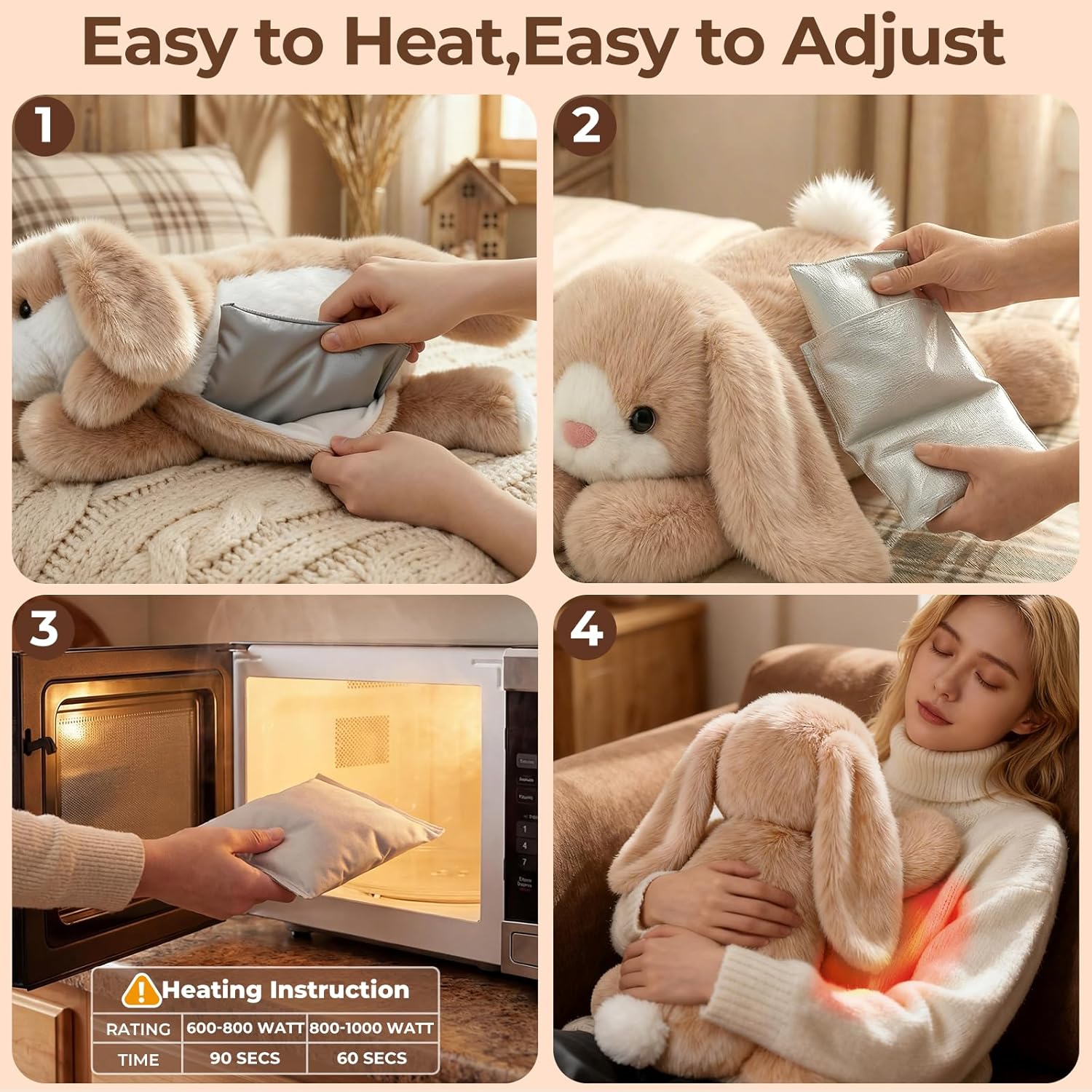Detalle de Mewaii weighted teddy bunny plush (Cream White) with heatable/coolable inner pad, microwavable design