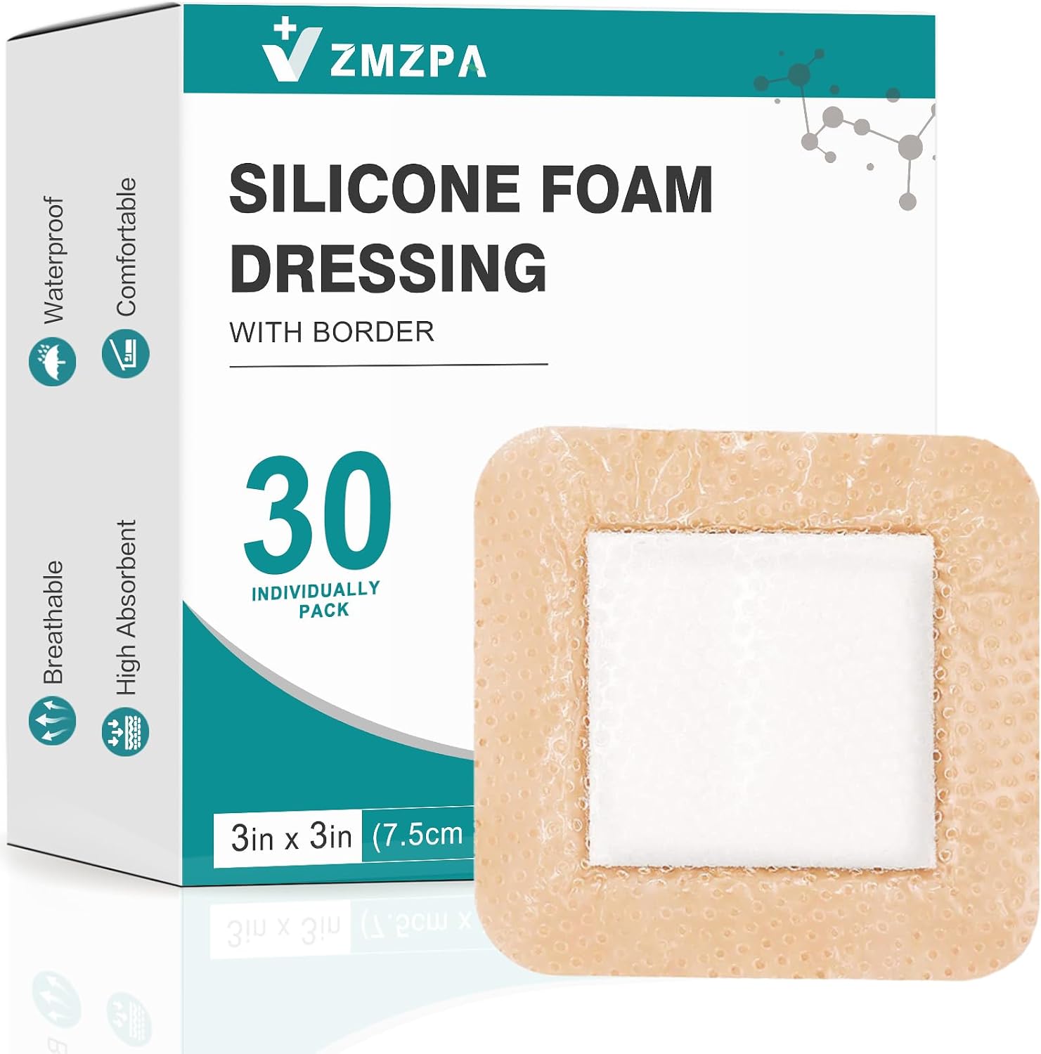 Detalle de ZMZPA 106014 Silicone Foam Dressing, 3 x 3-Inch, Gentle Border, 30 Count
