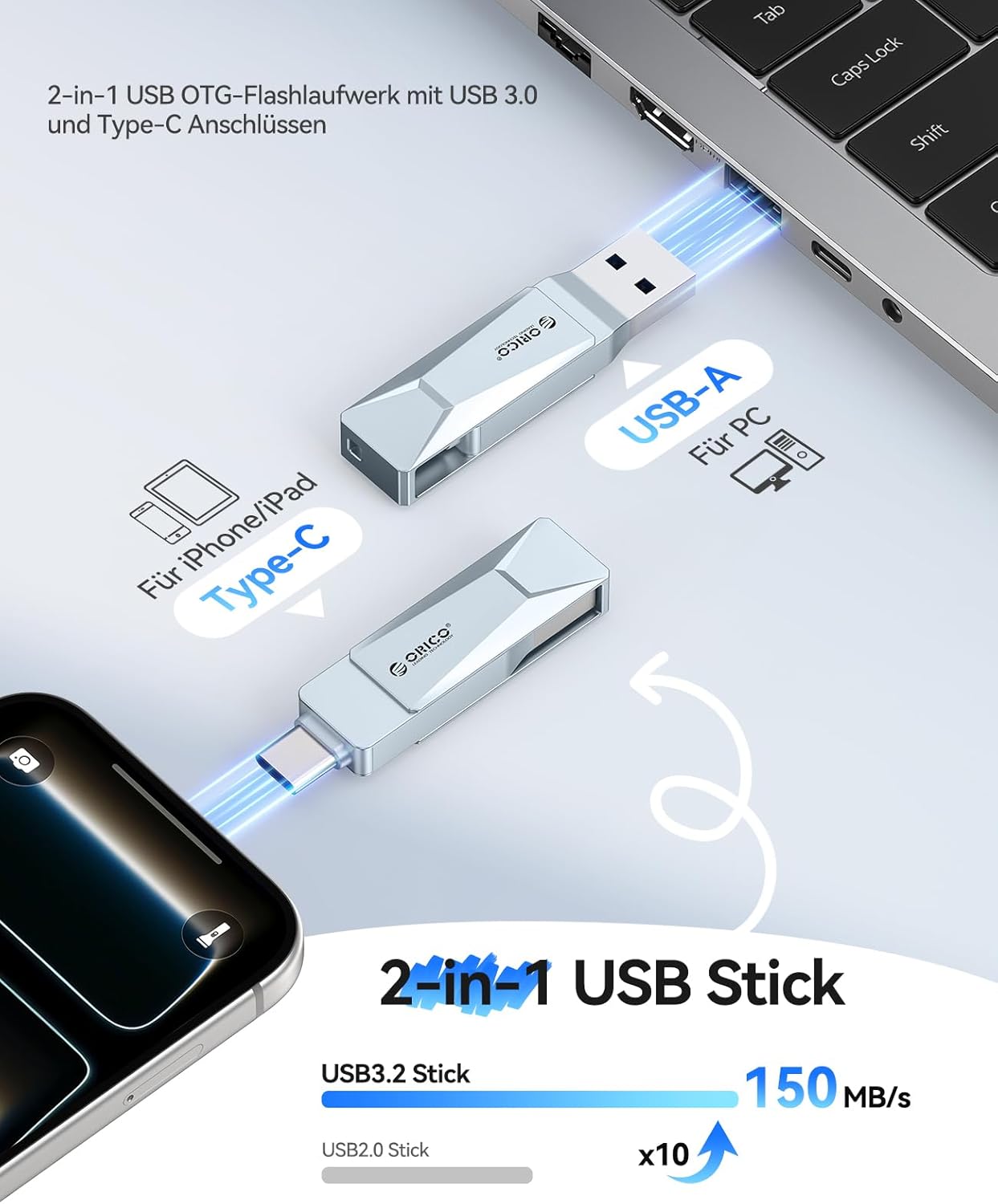 Thumbnail 1 de ORICO USB Stick 128GB USB 3.2 Speicherstick OTG – 2-in-1 USB-C / USB-A, Metallgehäuse, Blau