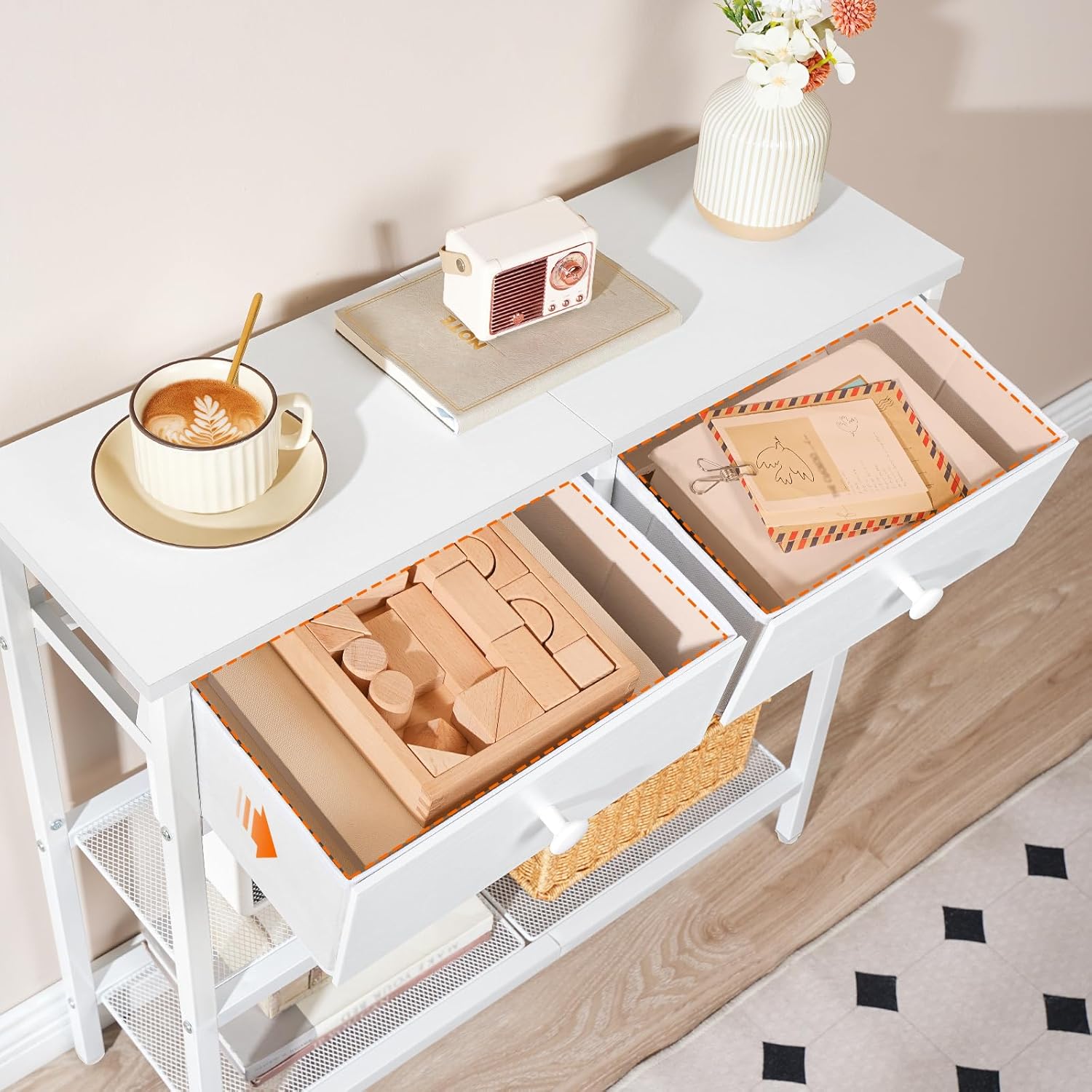 Detalle de HOOBRO Table Console Longue EWW72XG01G1 – Console industrielle blanche, 3 étagères ouvertes et 2 tiroirs en tissu non tissé