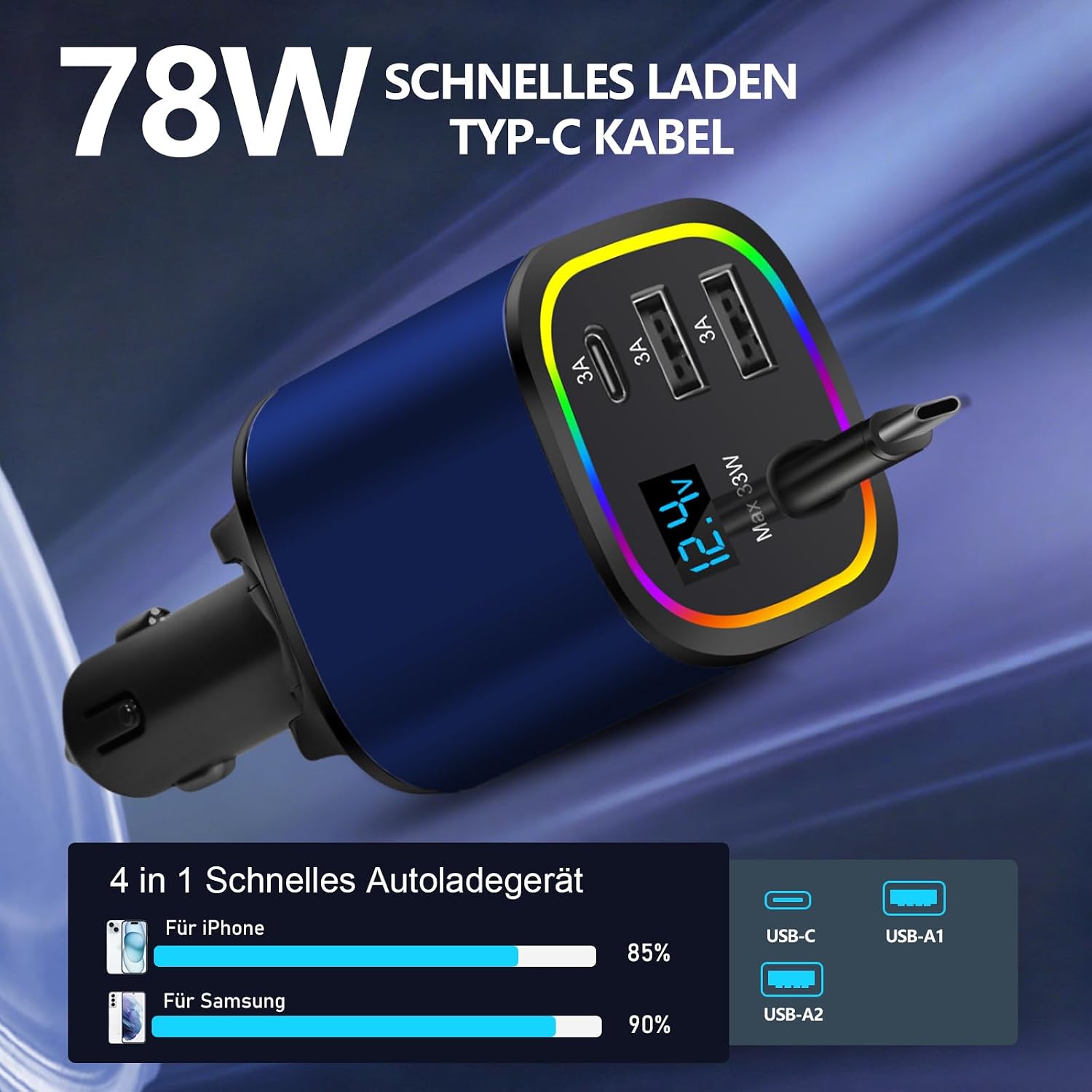 Detalle 2 de Austepax CR02+CR01 4-in-1 Car Charger Set, 78W Retractable USB-C Cable