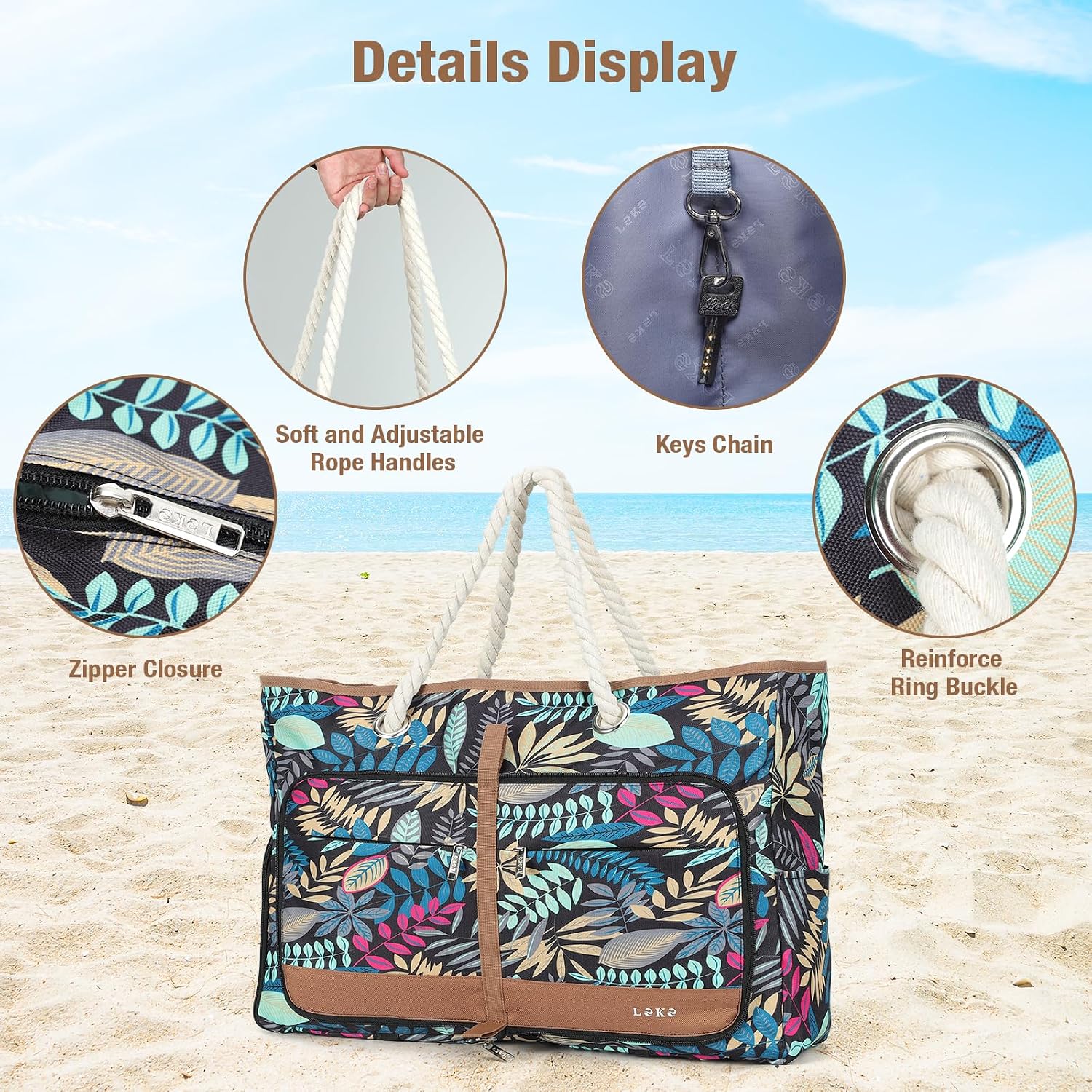 Detalle de Lekespring Strandtasche Damen Groß mit Reißverschluss – Vielseitiger Shopper für Strand, Badetag und Reisekoffer (Blauer Dschungel)