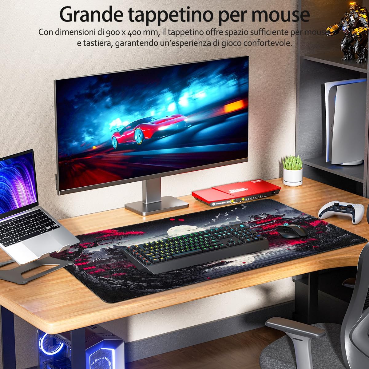 Detalle de Zindoo Tappetino Mouse XXL 900x400x3mm – Tappetino Gaming con stile Anime Nero Giapponese, base antiscivolo