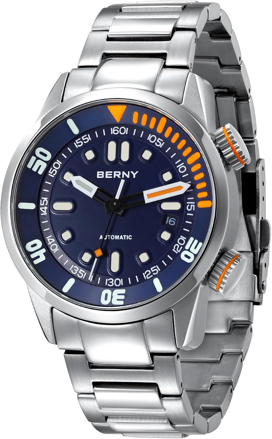 Detalle de BERNY Automatikuhr für Männer – 200 m Taucheruhr mit Saphirglas, Edelstahlband und Super-Lume