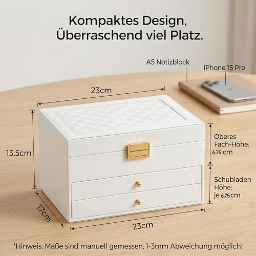 Thumbnail 6 de AJIEQAQ Schmuckkästchen Weiß mit Spiegel – 3 Ebenen, 2 Schubladen, praktische Schmuckaufbewahrung