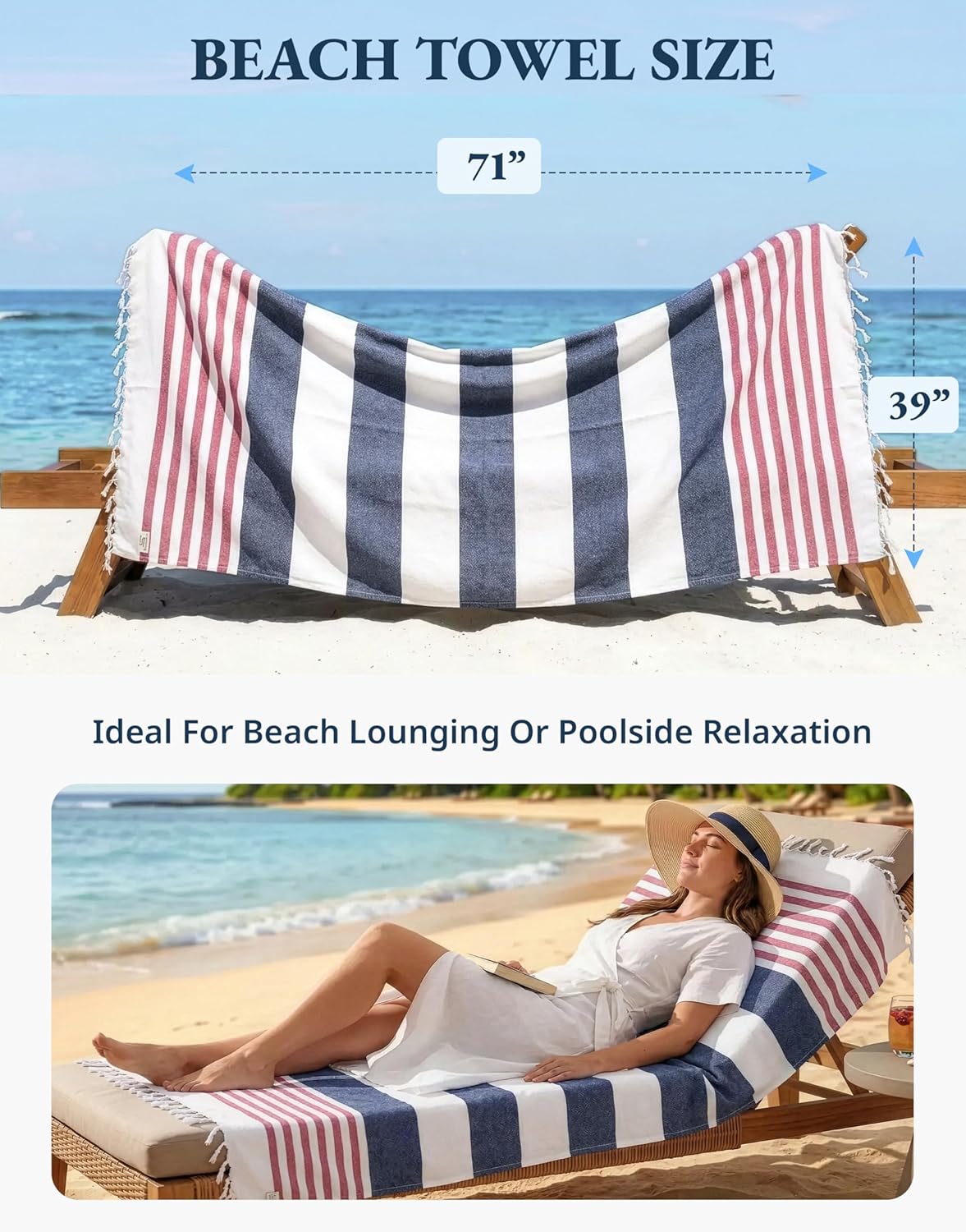 Detalle 2 de LANE LINEN Beach Towels 6 Pack: Oversized 39" x 71" Cotton Rich Turkish Towels, Sand-Free & Fast-Drying