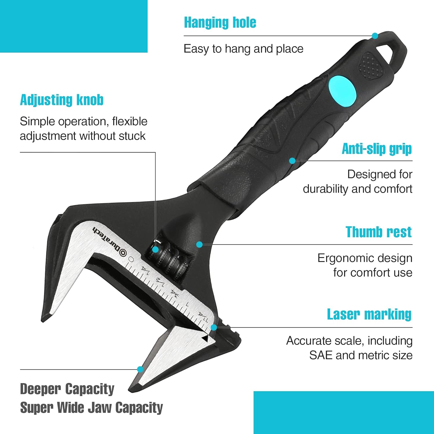 Detalle de DURATECH 8-Inch Adjustable Wrench with Wide Jaw