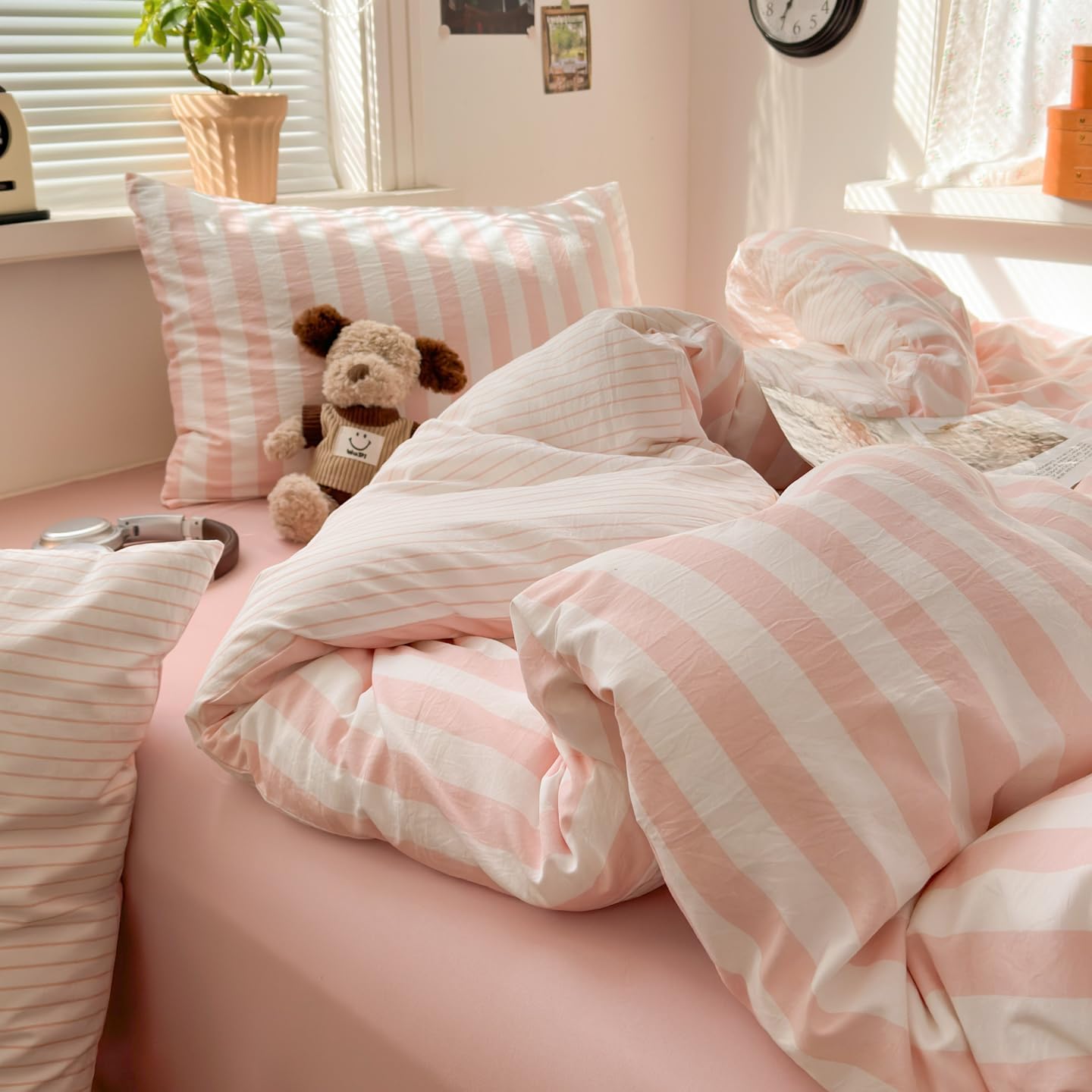 Thumbnail 3 de Freyamy Parure de lit 240x260 cm en microfibre rayures rose et blanc avec fermeture éclair