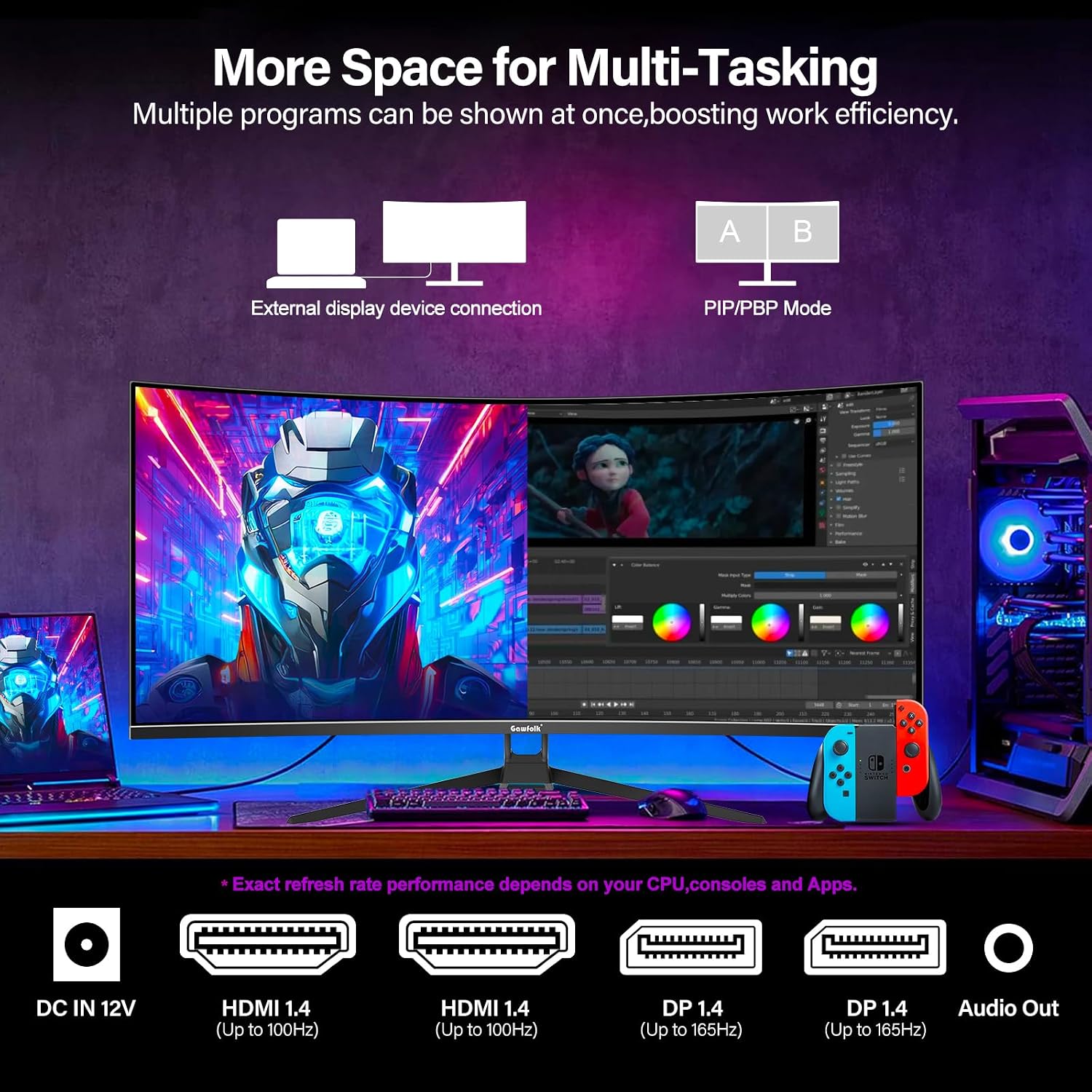 Detalle de Gawfolk 34 Inch Ultrawide Curved Gaming Monitor 165Hz