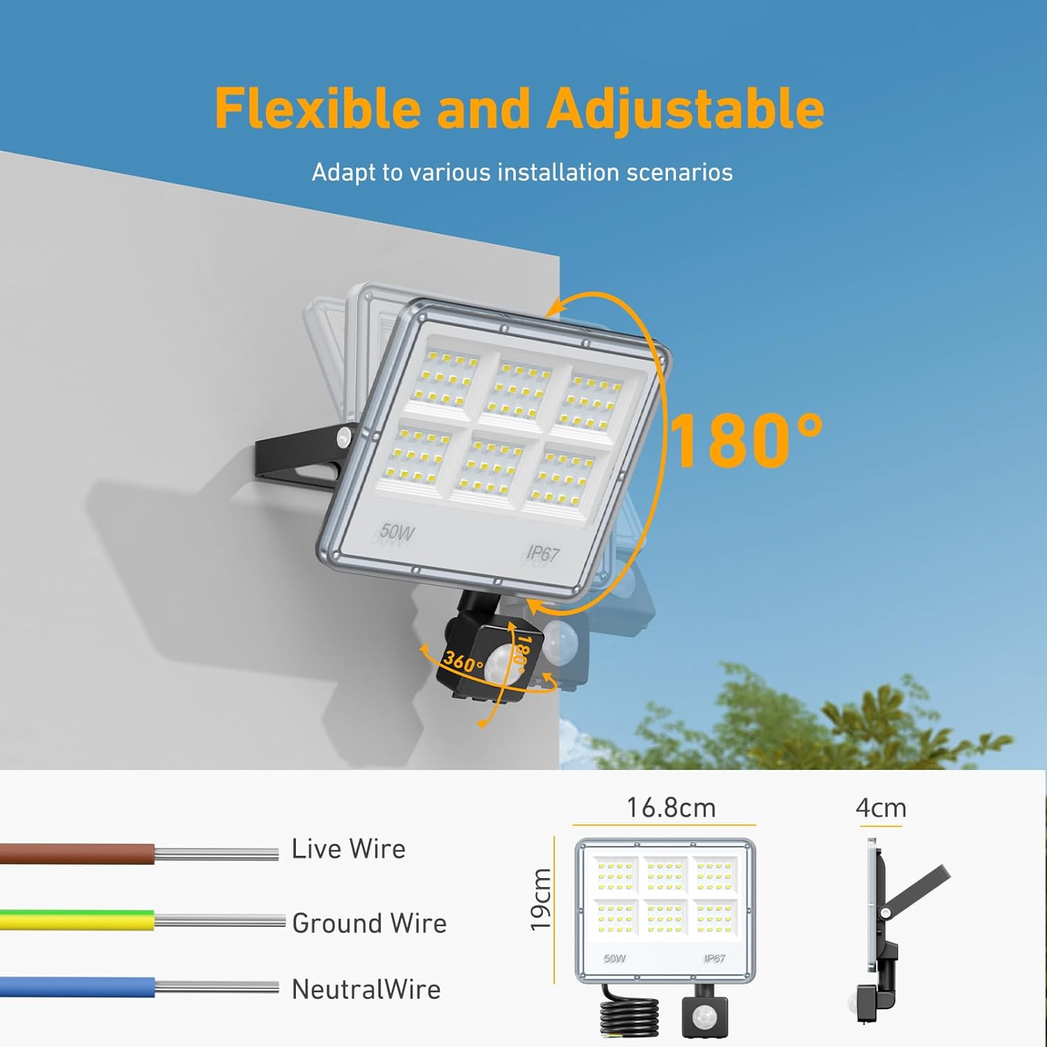 Detalle de Projecteur LED Extérieur 50W avec Détecteur de Mouvement 6 en 1 – IP67, 5000 lm, 7000K