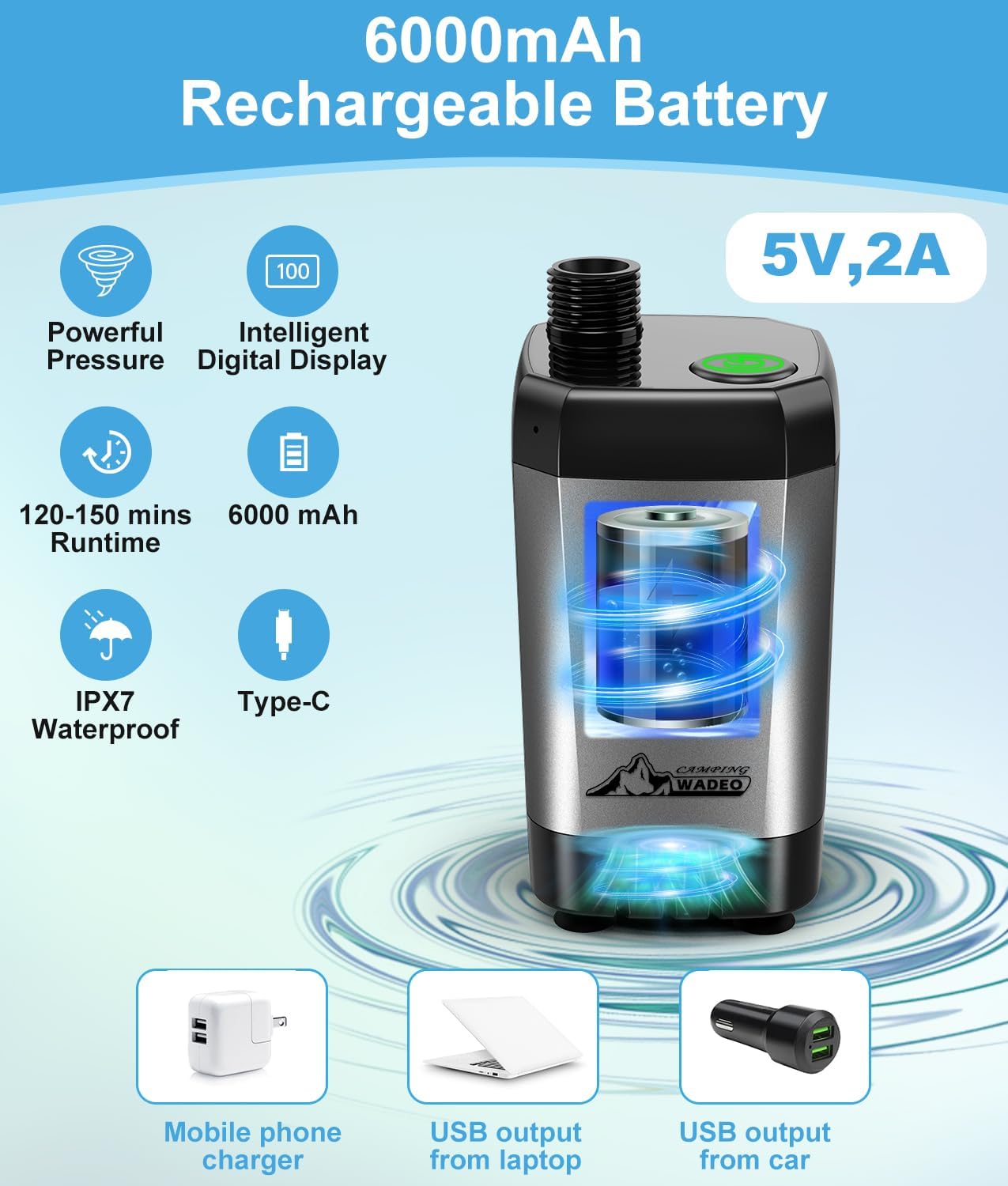 Thumbnail 1 de WADEO Portable Camping Shower with 6000mAh Battery and Built-in Filter