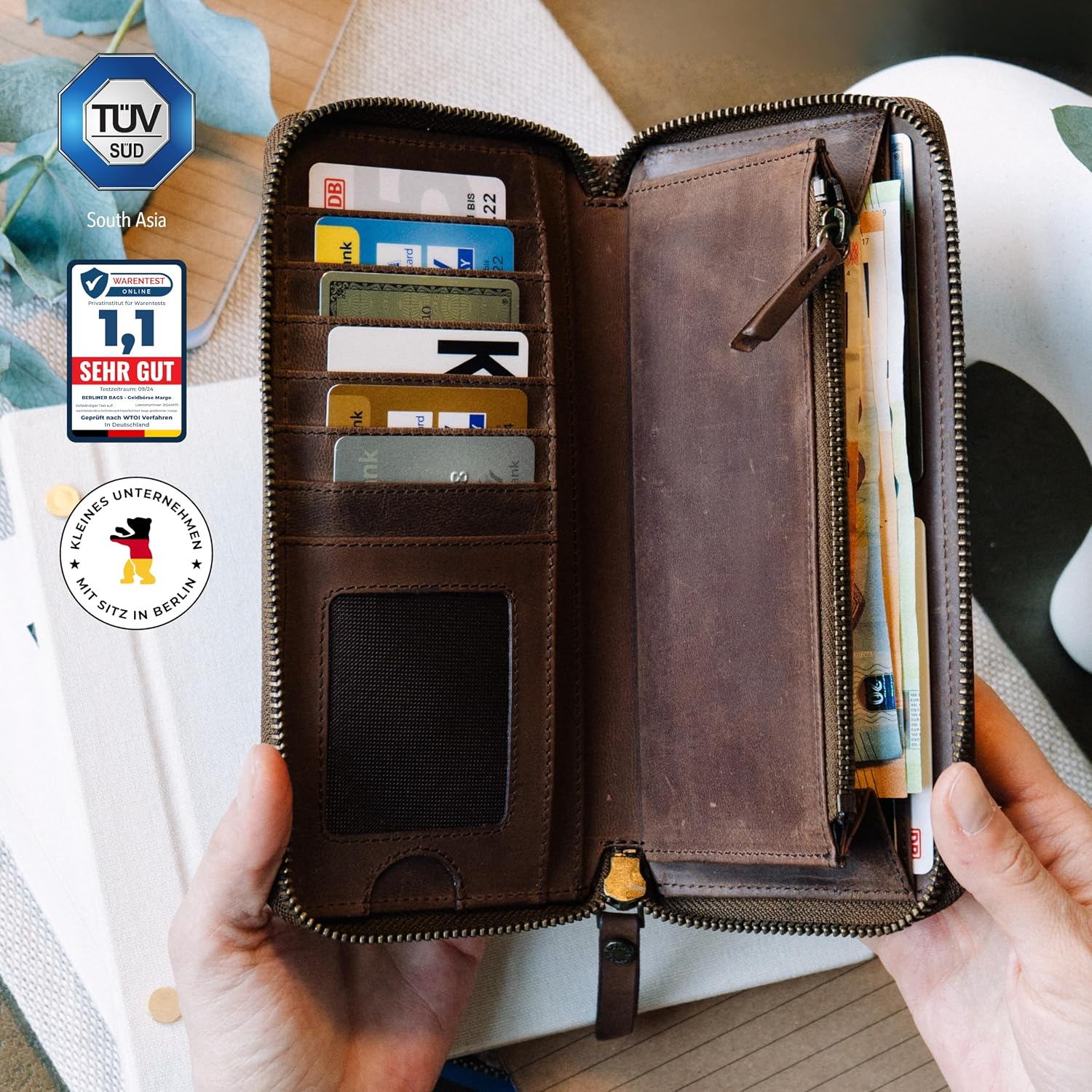 Detalle de Berliner Bags Vintage Geldbörse Margo – große Portemonnaie aus Leder mit TÜV-geprüftem RFID-Schutz (braun)
