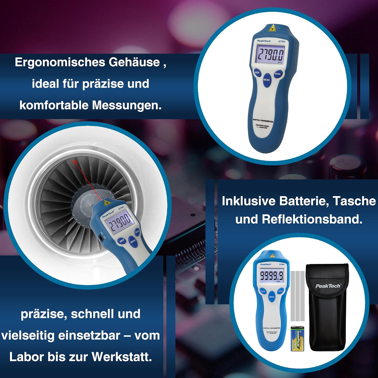 Detalle de PeakTech P 2790 Drehzahlmessgerät / Tachometer – berührungslos, 2 bis 99.999 UPM