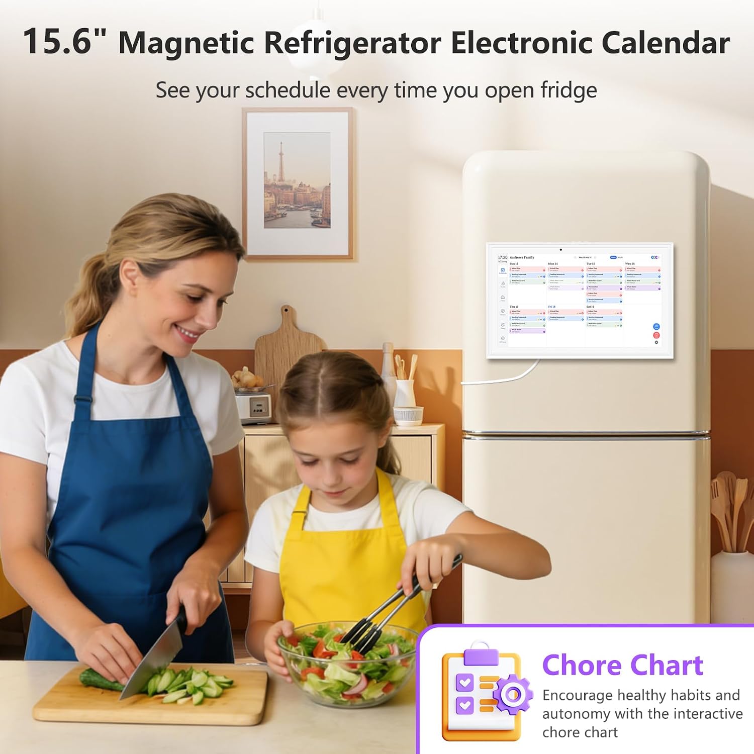 Thumbnail 2 de Hesmor Magnetic Digital Calendar 15.6" with Touch Screen: Fridge, Wall or Desk Mount, Photo Frame and Art Gallery
