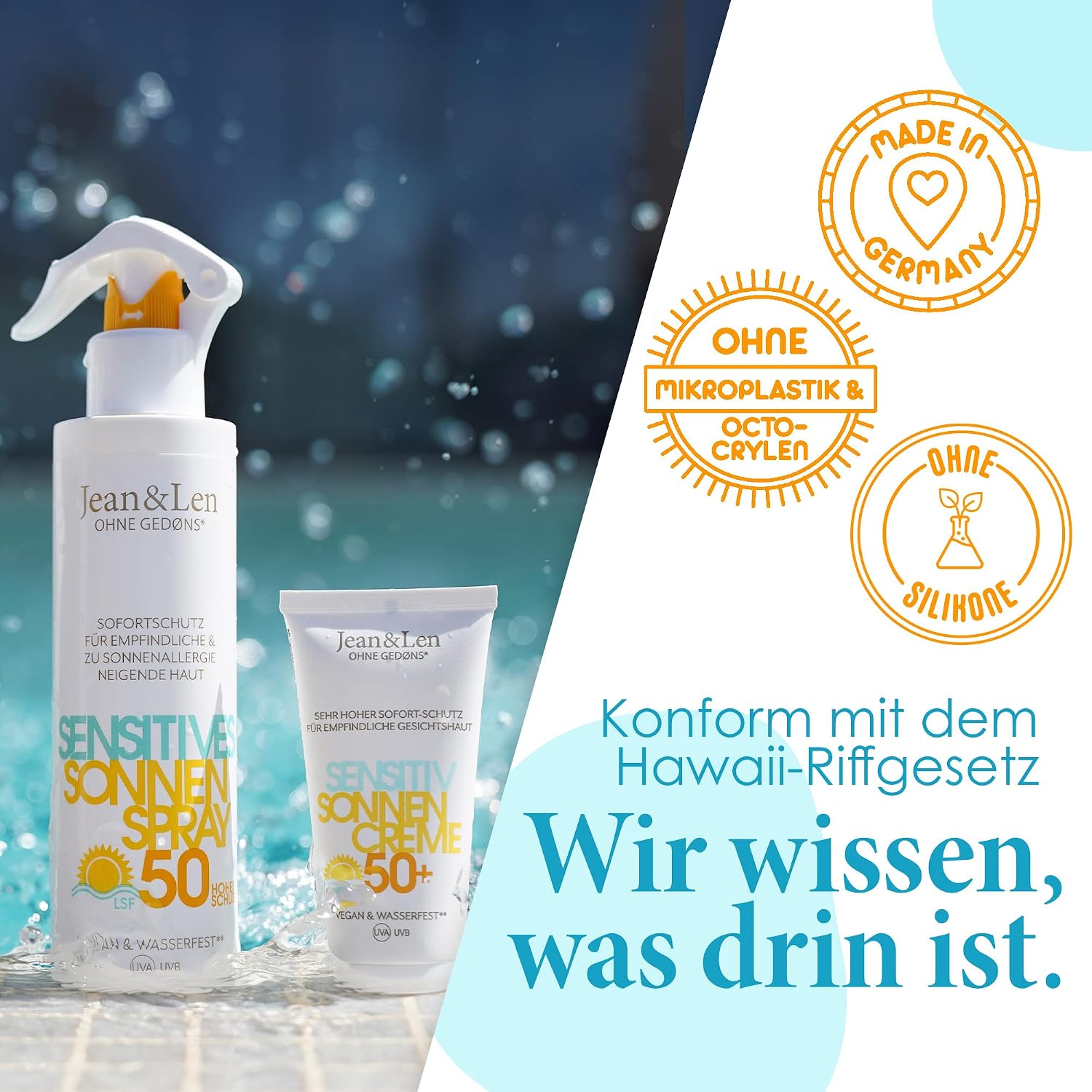 Detalle de Jean & Len Sensitiv Sonnencreme SPF 50+ – wasserfest, parfumfrei, vegan, 50 ml
