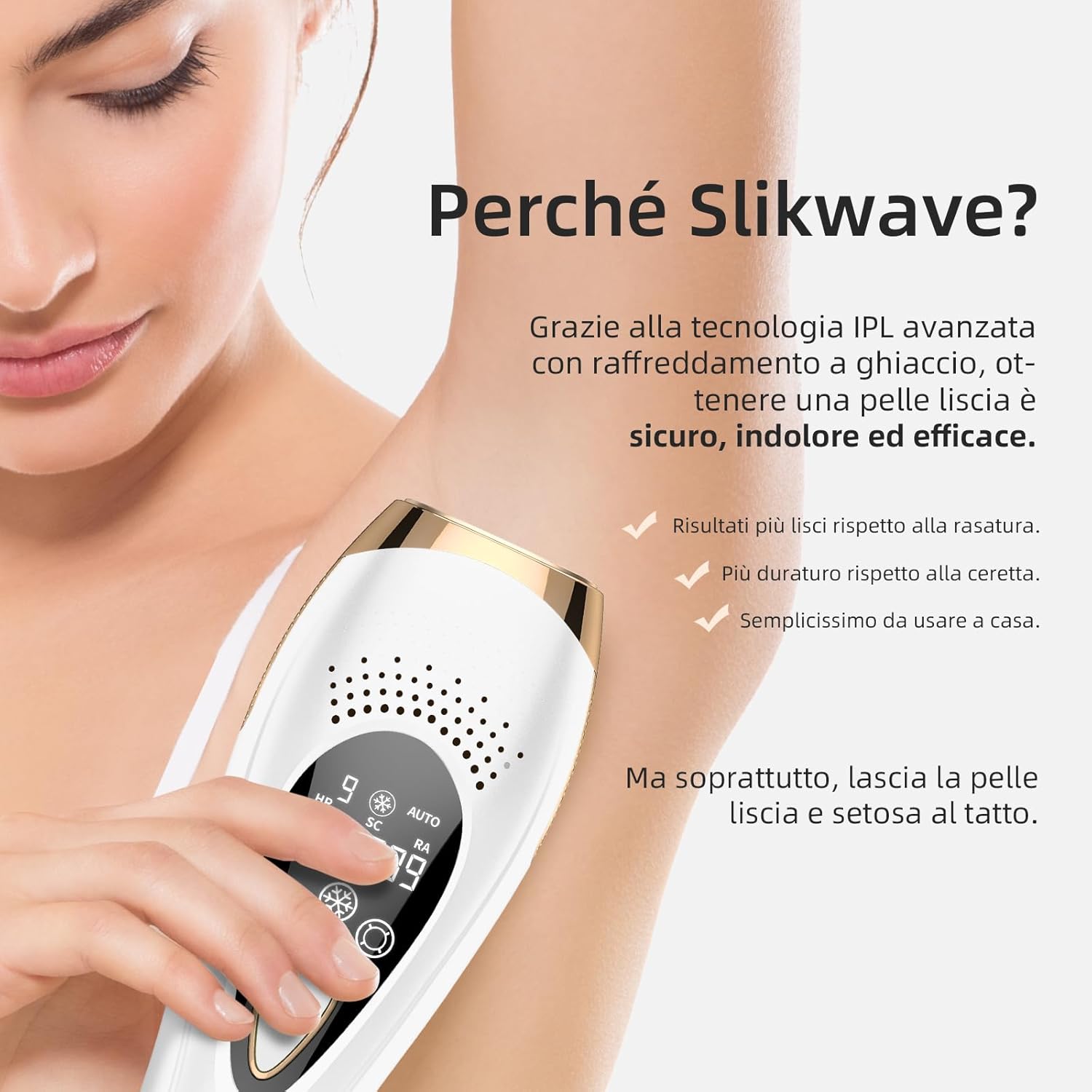 Detalle de Epilatore Luce Pulsata Slikwave: 9 livelli, 6 accessori e modalità manuale/automatica per uomo e donna