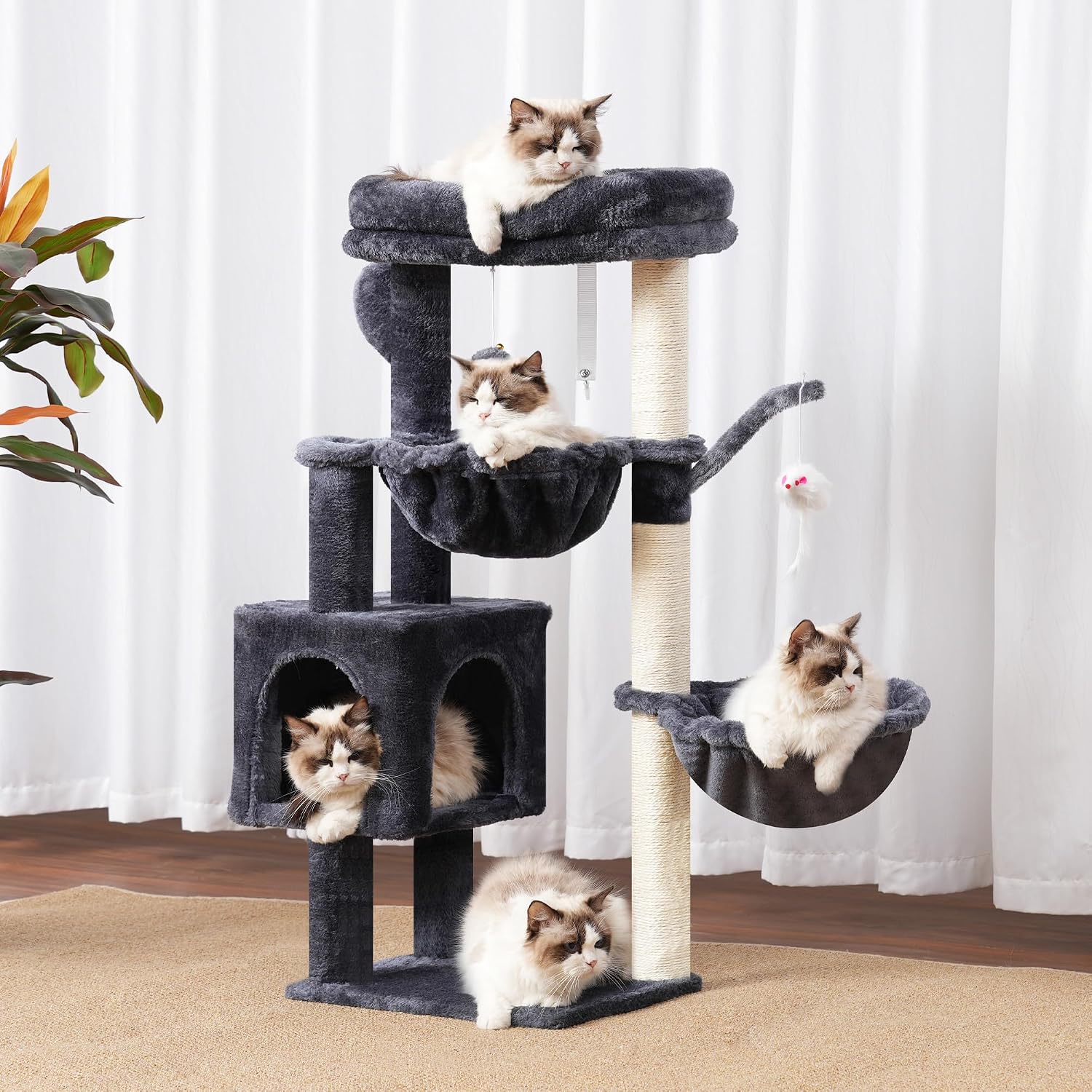Thumbnail 1 de Heybly Cat Tree, 100 cm Tower Condo with Cat Scratching Post – Smoky Gray HCT006SG