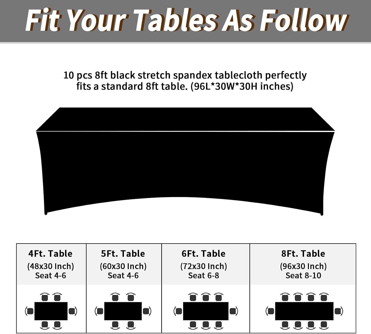 Detalle de Fixwal 10 Pack 8Ft Black Spandex Fitted Tablecloths (Rectangle) — Wrinkle-Free Stretch Table Covers