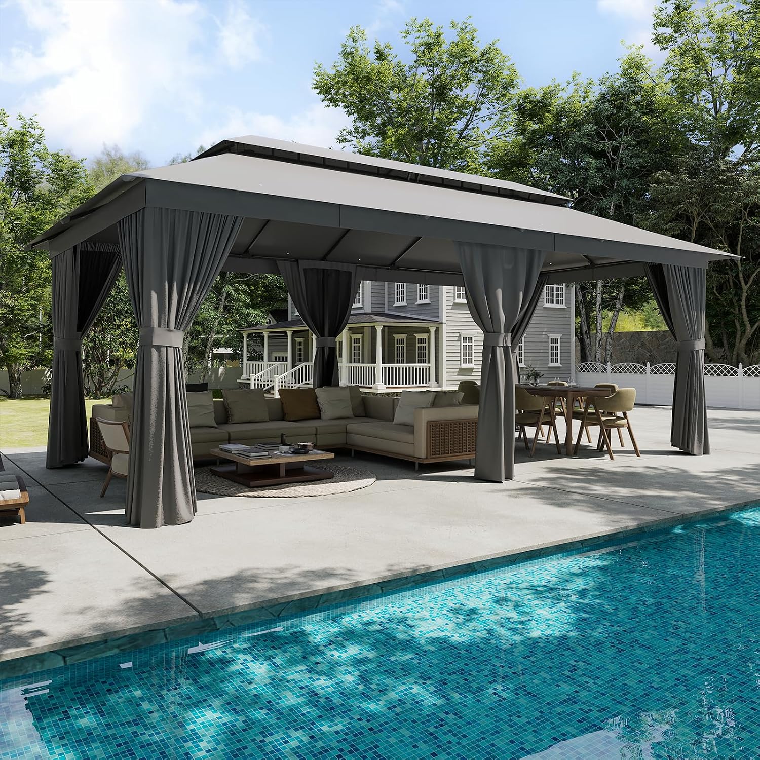 Detalle de Aoxun G30067NEW 20' x 10' Outdoor Gazebo with Netting and Curtains