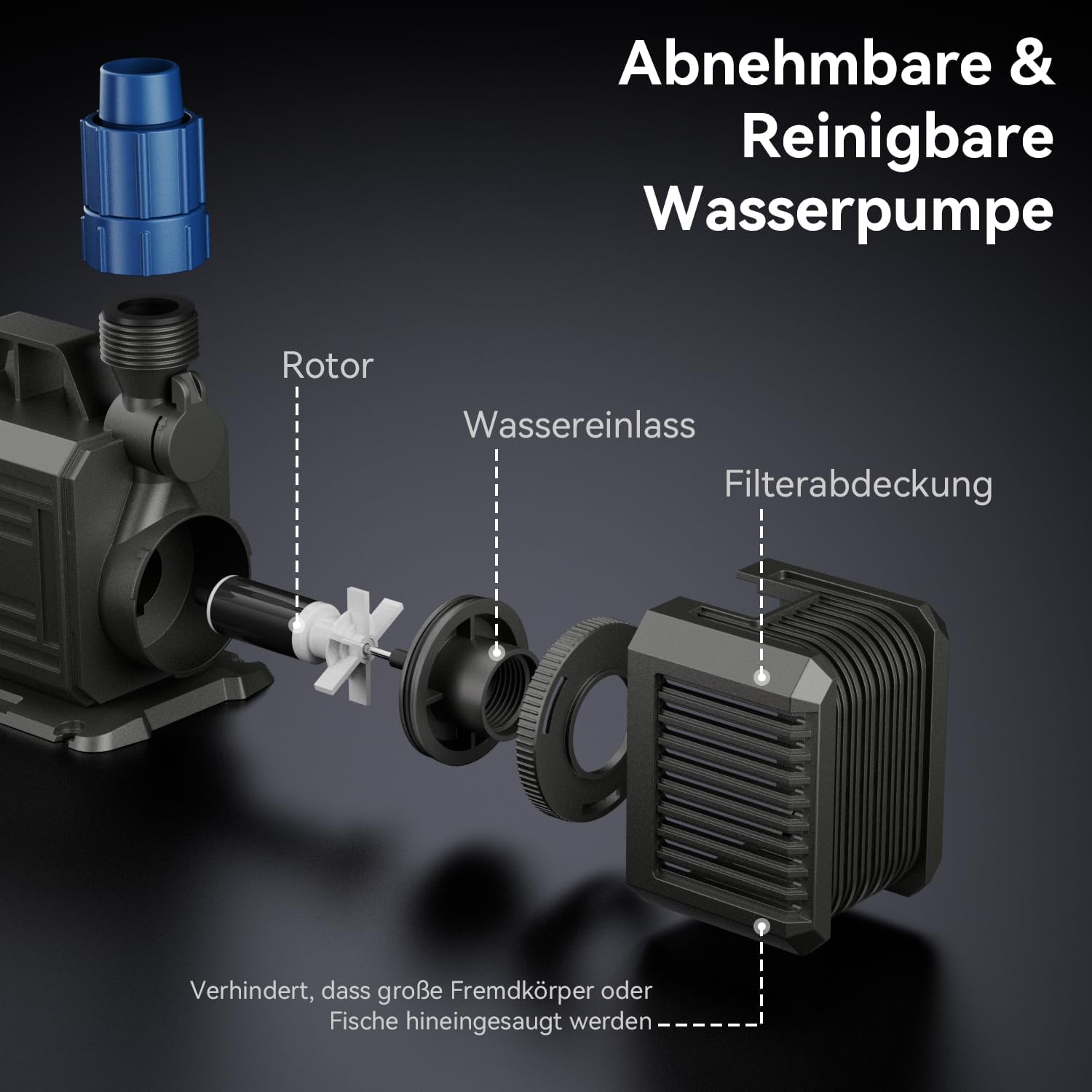 Detalle de Tauchpumpe 5700 L/H (max) 125 W für Teich, Aquarium & Bachlauf – Amphibische Teichpumpe mit 2 Düsen