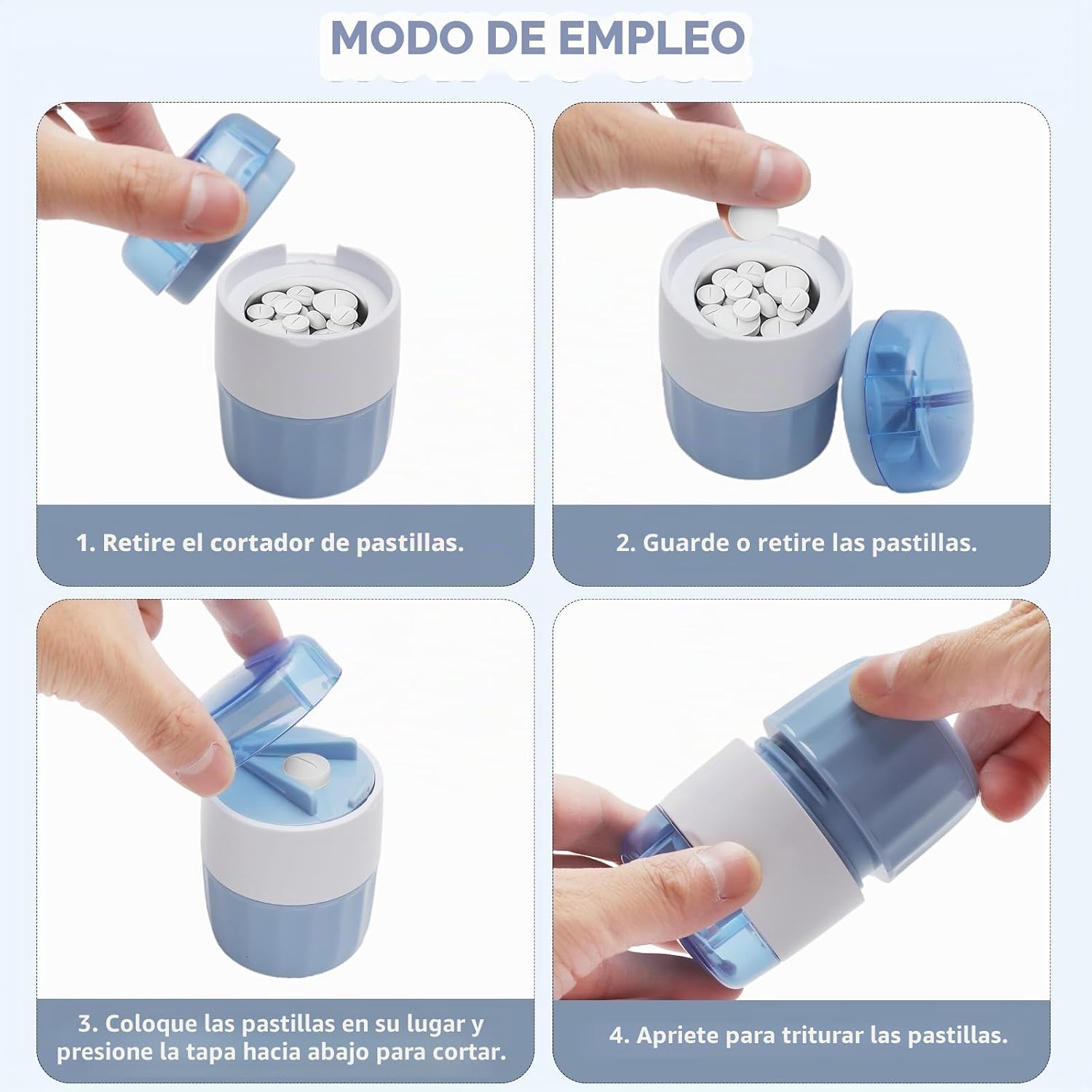 Detalle 2 de KQDRAVINE Triturador de Pastillas 3-en-1 (Azul) – Cortar, Triturar y Almacenar en un solo dispositivo