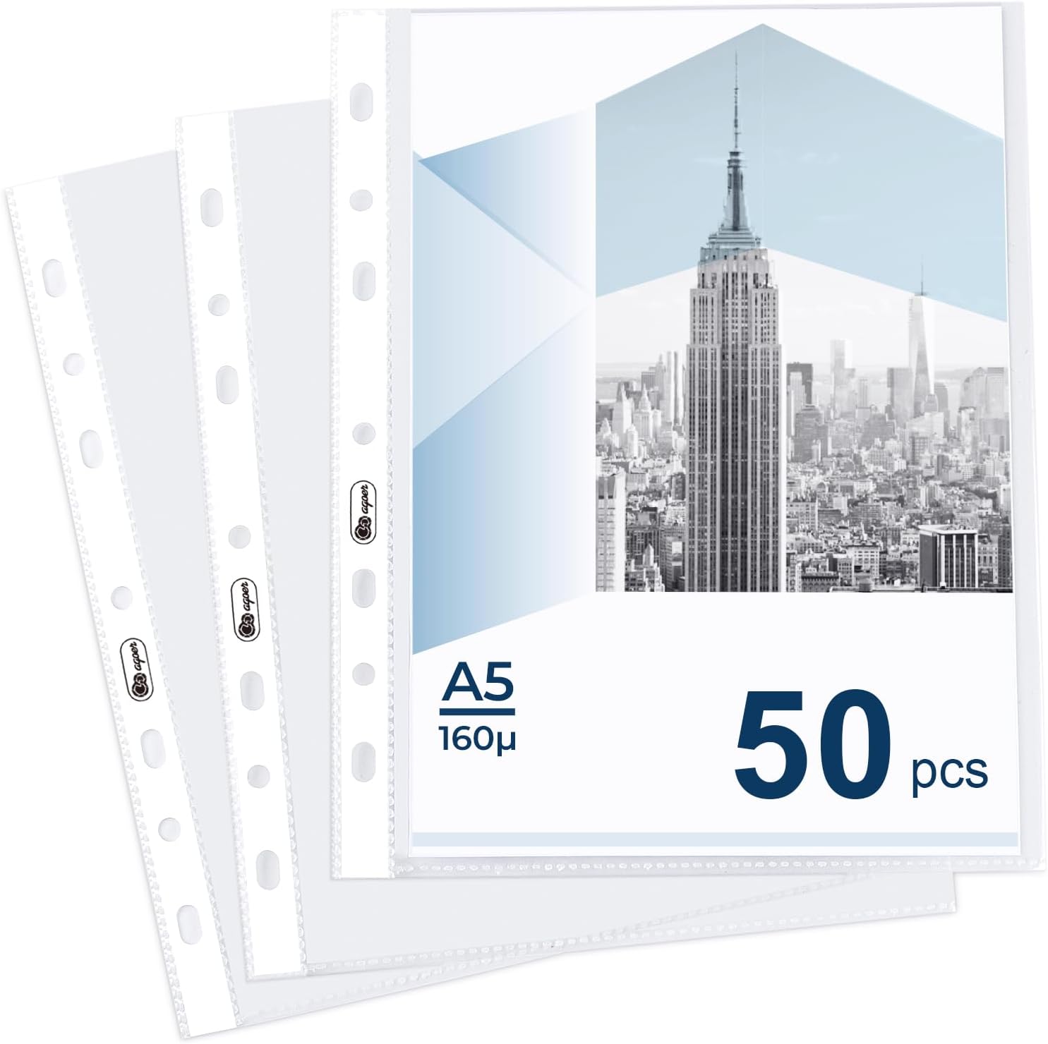 Thumbnail 5 de Agoer Punched Pockets A4 Heavy Duty 120 Micron — 80 Pcs with Page Markers, Top Opening 11-Hole, PP Plastic Folders