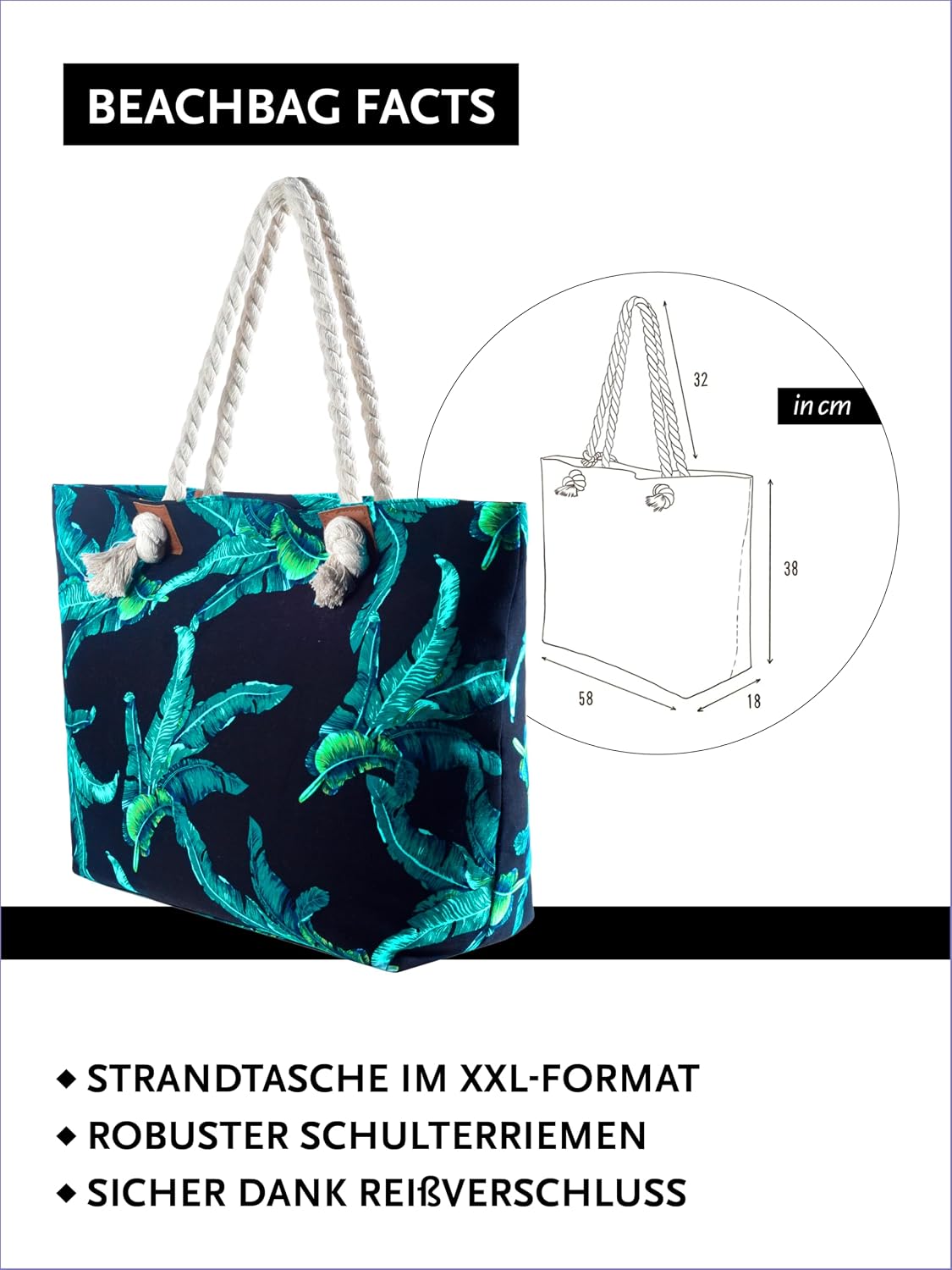 Detalle 2 de DonDon Strandtasche XXL mit Reißverschluss – Umhängetasche Damen, Beach Bag im großen Format