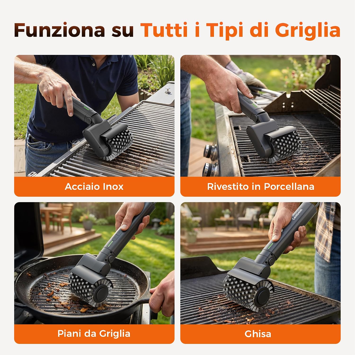 Detalle de Leebein Spazzola Elettrica per Barbecue 2026: pulizia 3 velocità, 3 testine e angolo regolabile