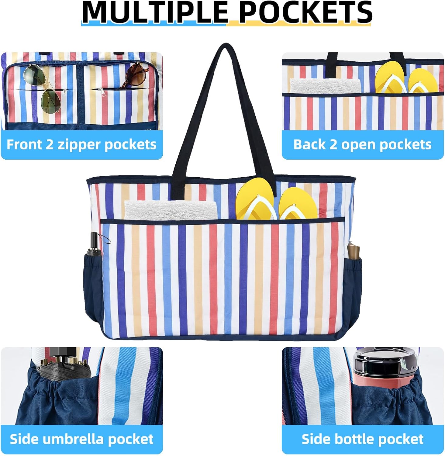 Thumbnail 2 de COVVY Beach Bag: Extra Large Foldable Tote with Zipper, Water-Resistant & 9 Pockets