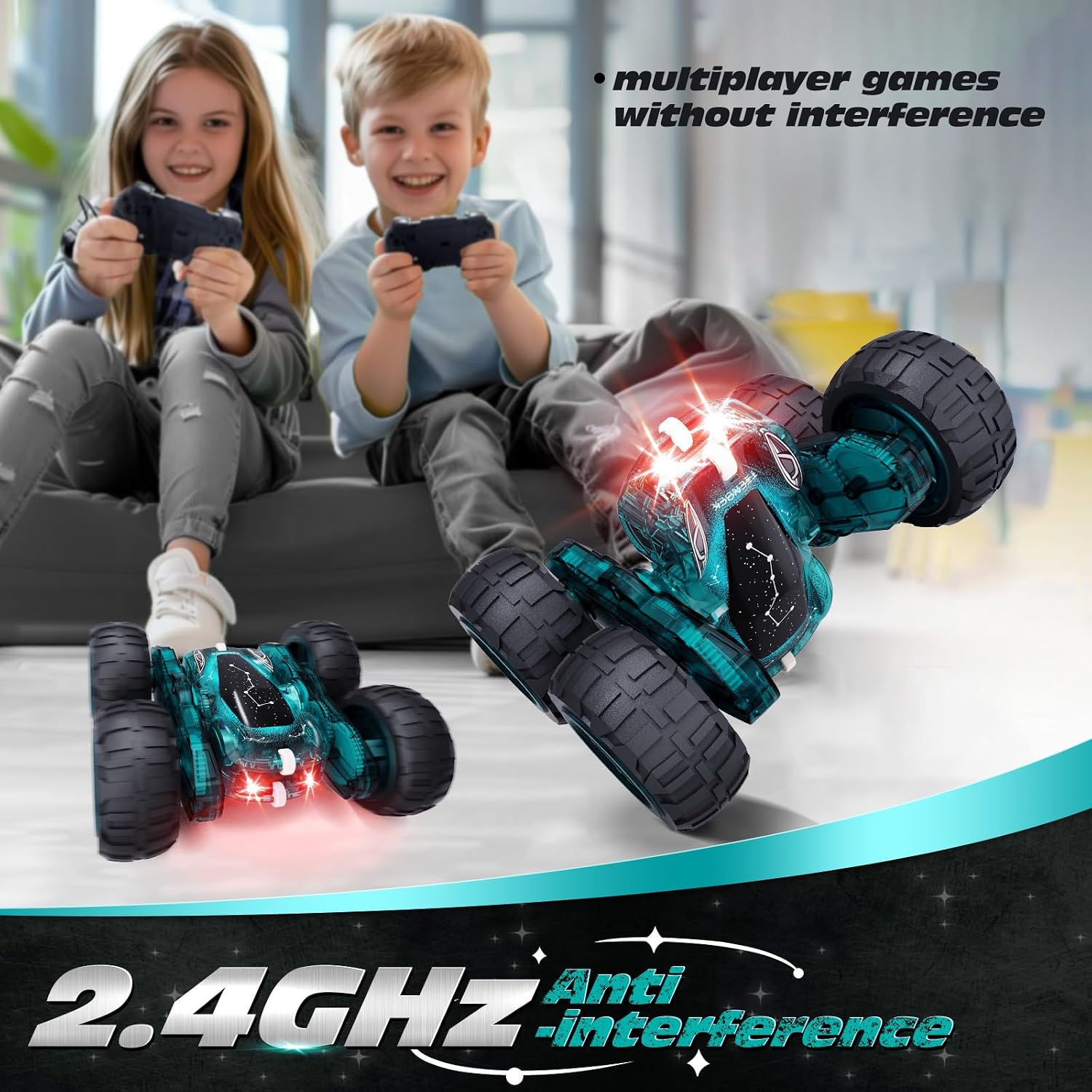 Detalle de Tecnock Remote Control Car (2.4GHz) with USB-C Easy Charging, 4WD 360° Stunt Car