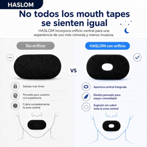 Detalle de HASLOM 60 tiras bucales para dormir negras – Con orificio central y ajuste estable