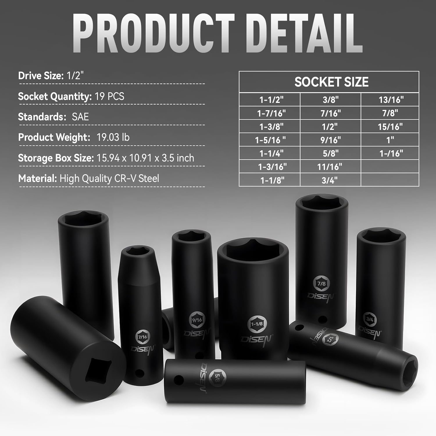 Detalle 2 de DISEN 19-Piece 1/2" SAE Impact Socket Set