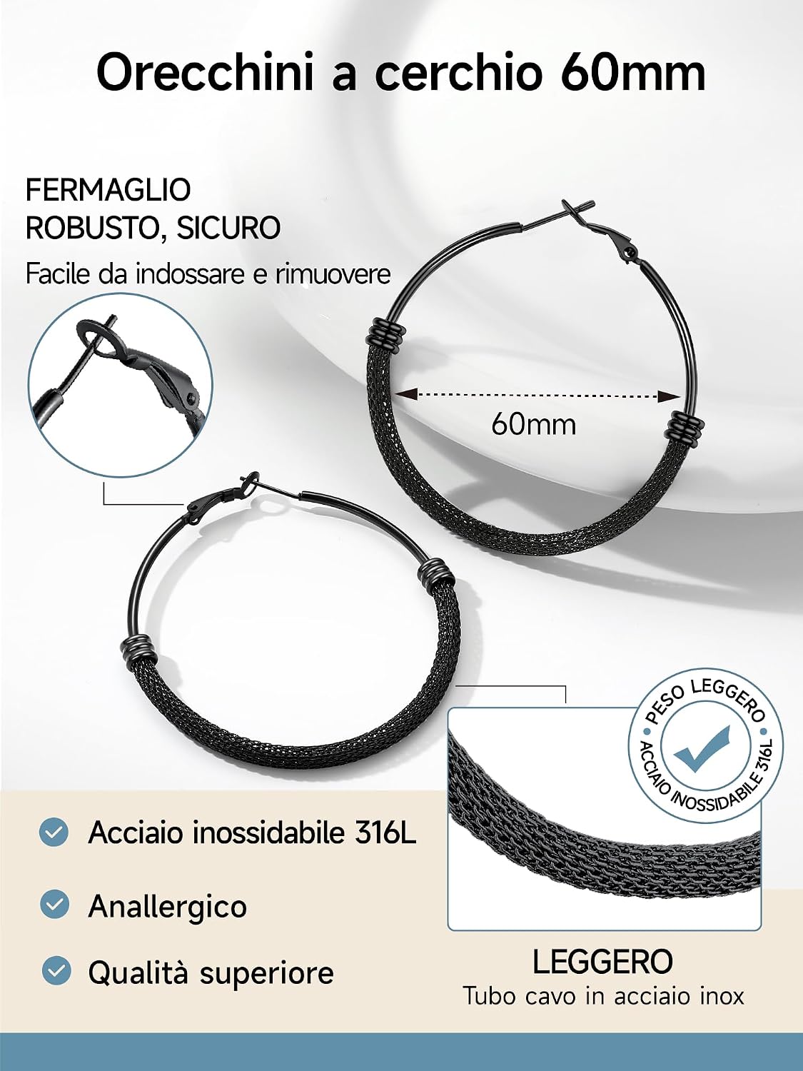 Thumbnail 3 de PROSTEEL orecchini a cerchio neri in acciaio inossidabile 316L, 60 mm (confezione regalo)