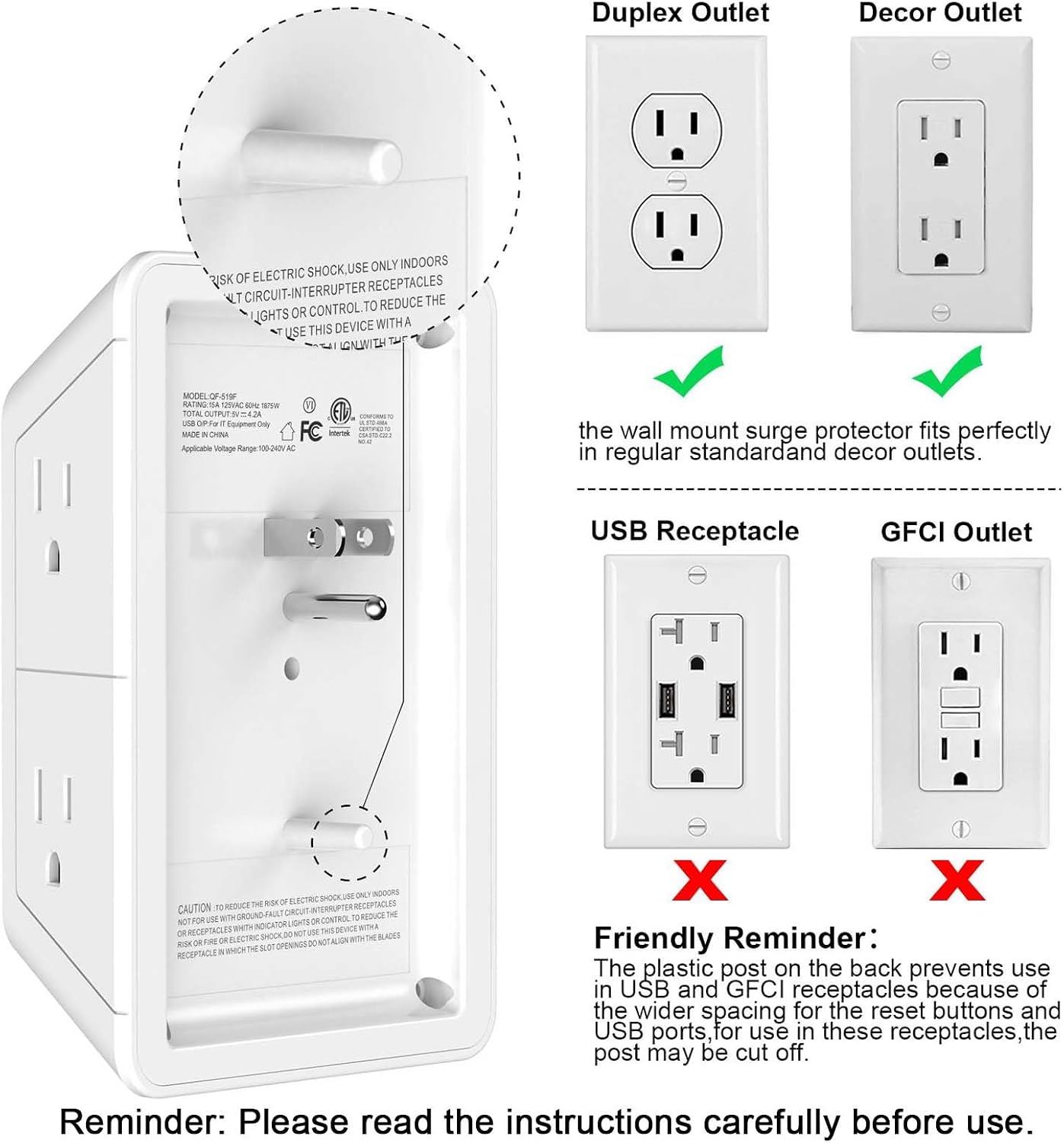 Detalle 2 de Lvetek QF-519F Wall Outlet Extender with 5 Outlets, 4 USB Ports and 1680J