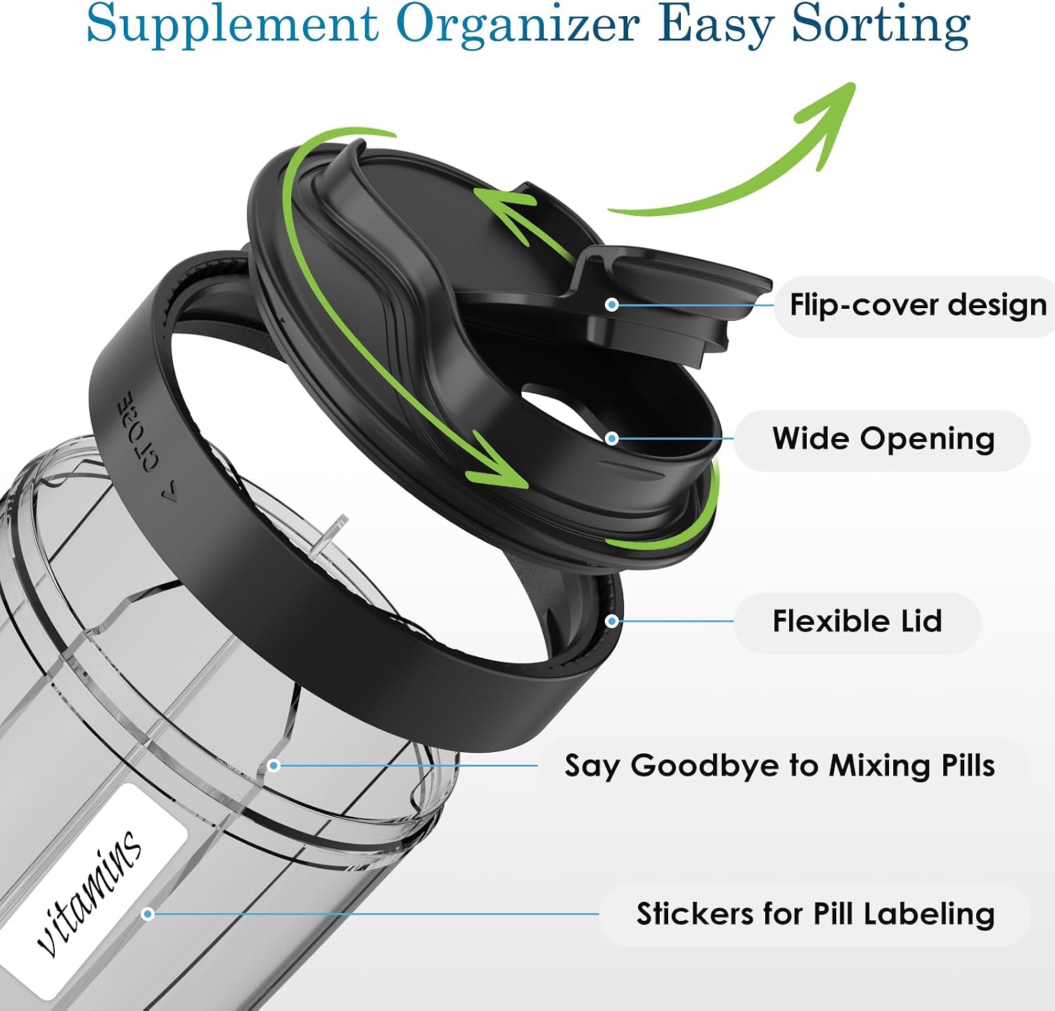 Detalle de MEI NIAN 7-Compartment Pill Organizer, Black, Airtight with Wide Openings