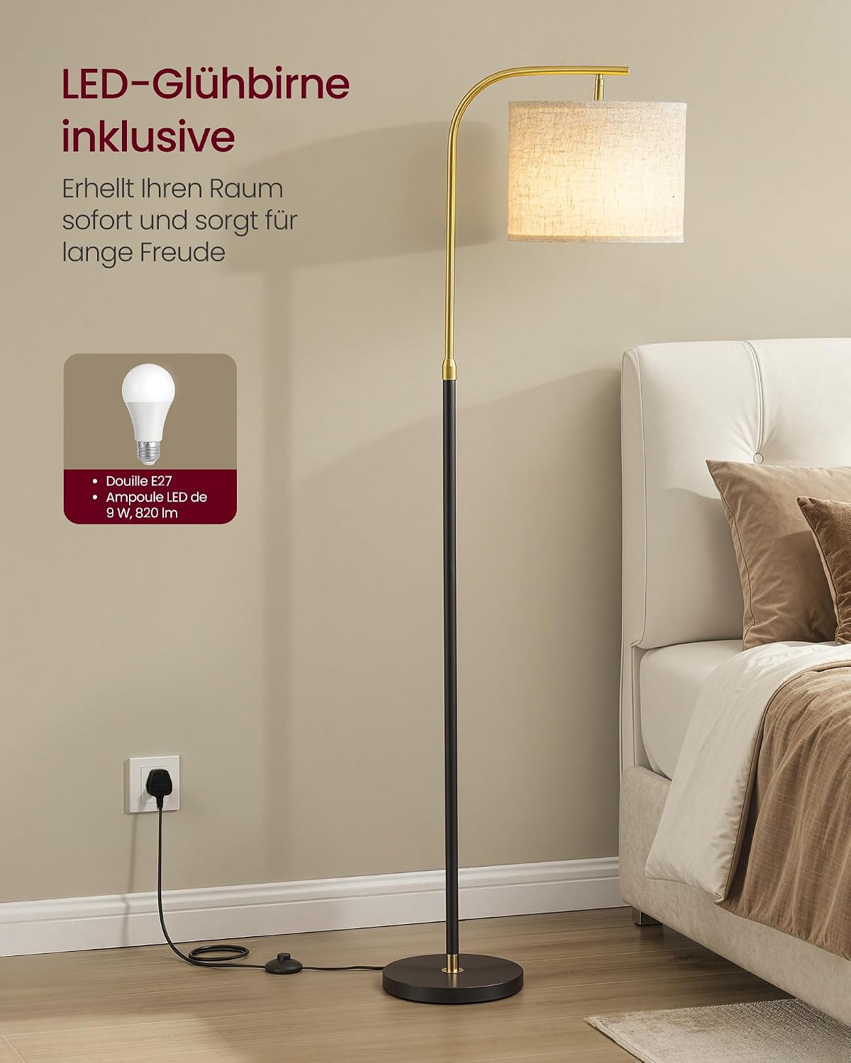 Detalle de VASAGLE Stehleuchte LFL006BD02 – Bogenlampe, höhenverstellbar, Stoffschirm, 150–175 cm, matt-schwarz