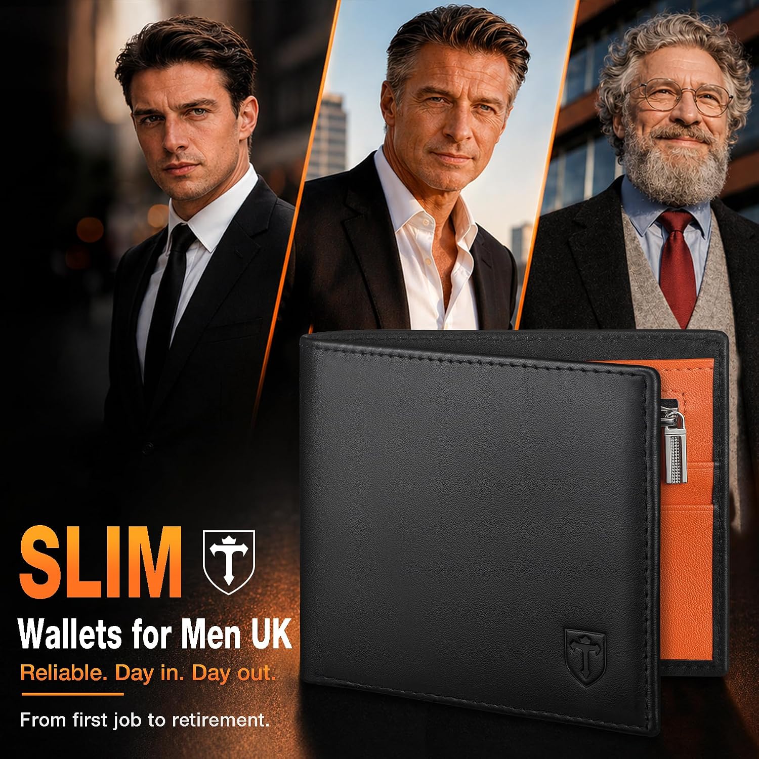Detalle de TEEHON RFID Blocking Wallet – Slim Genuine Leather Wallet for Men UK, 11 Card Slots, 2 Note Compartments & Coin Pocket (Black & Orange)